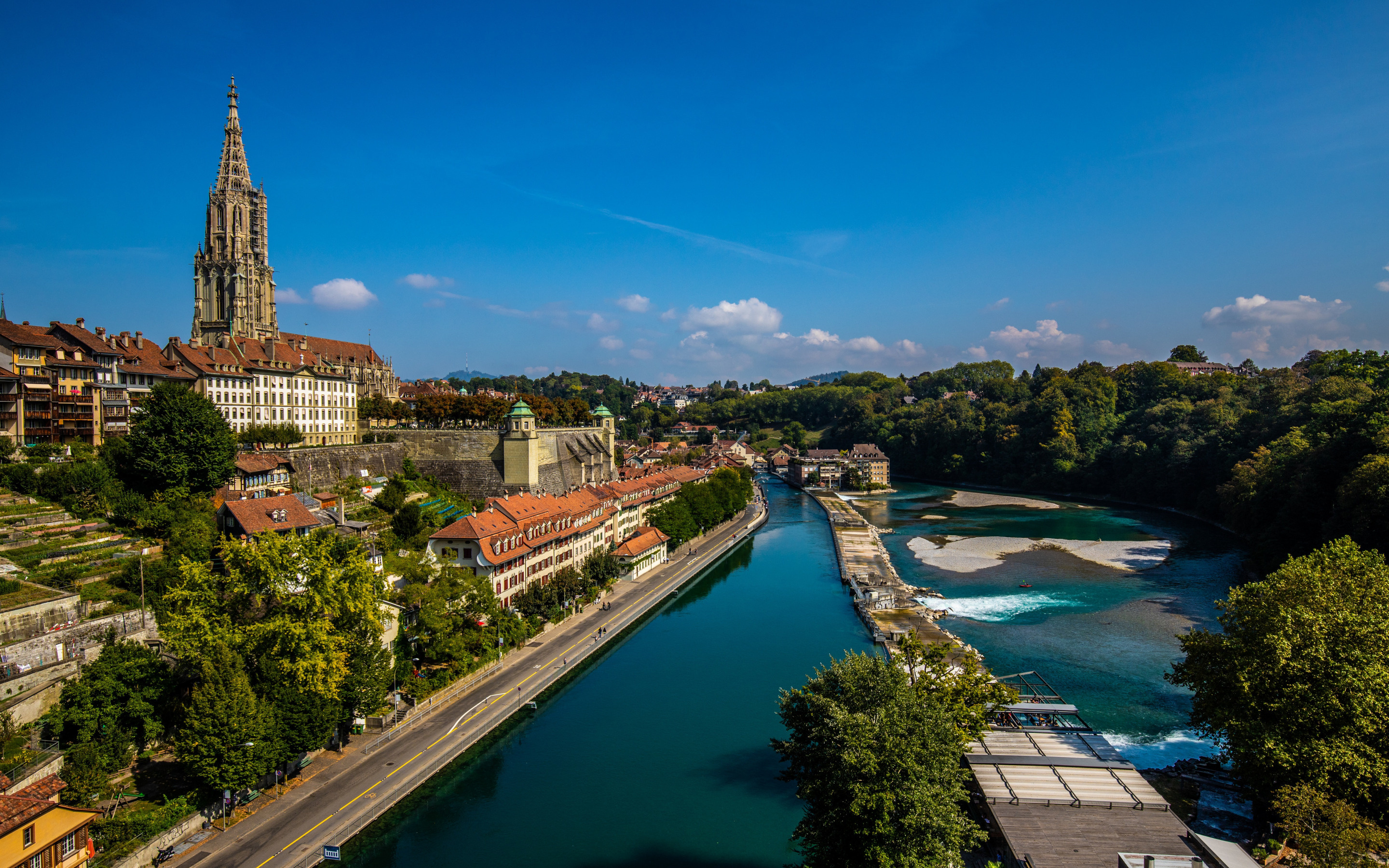 Bern, Aare River, Bern Minster Cathedral, Bern cityscape, 2880x1800 HD Desktop