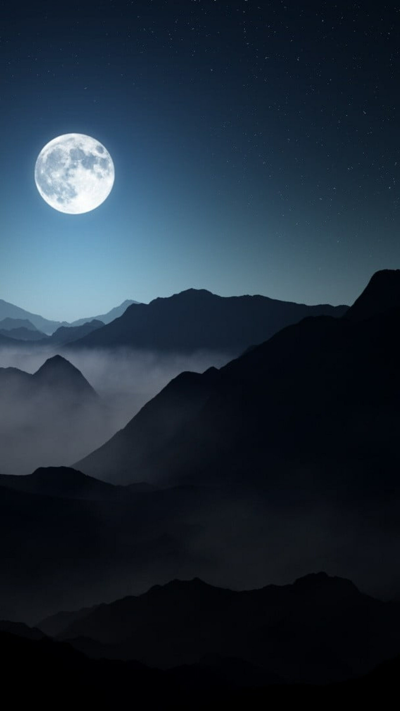 Moon and mountains, Nature landscape, Misty starry night, 1350x2400 HD Phone