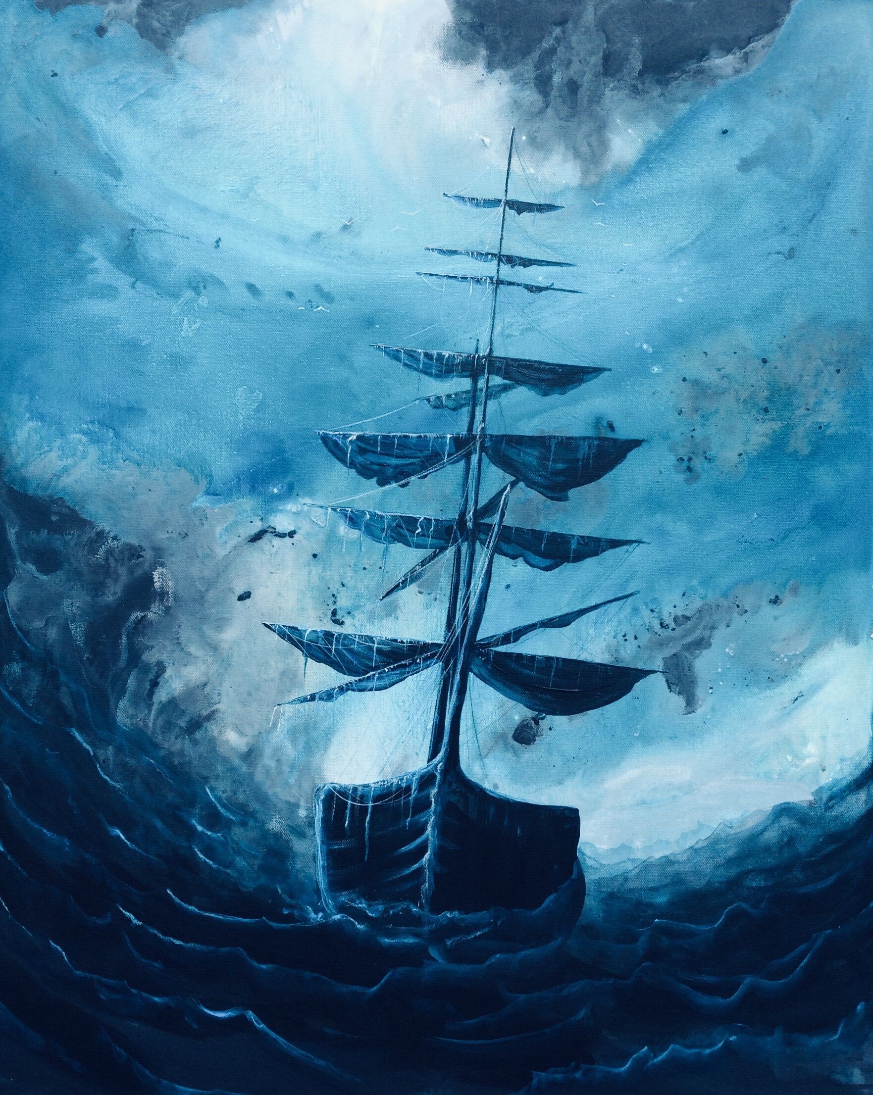 Ghost Ship, Shadowsail painting, Ghostly vessel, Enigmatic landscape, 1770x2220 HD Phone