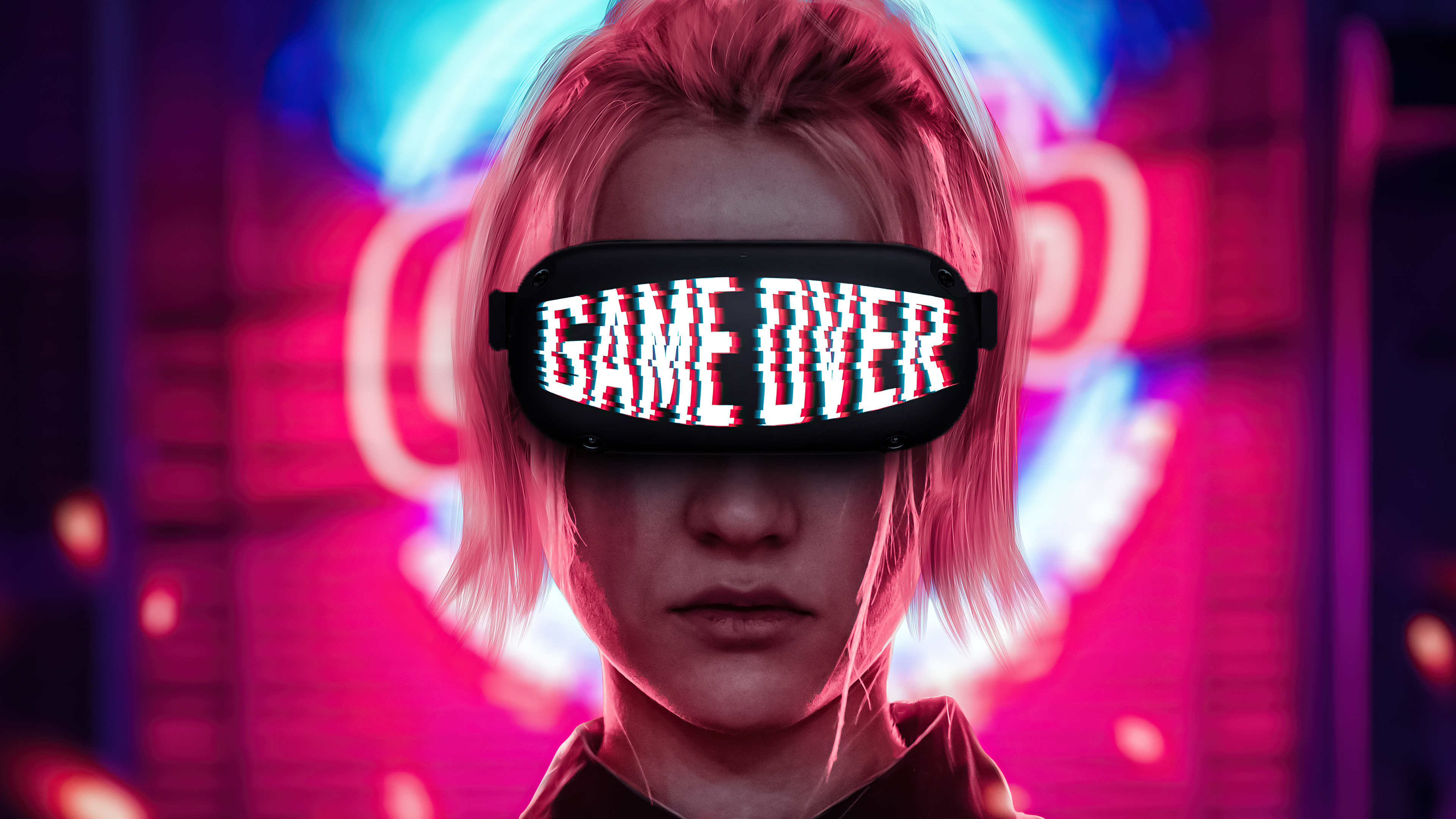 Game Over, Digital glitch, Neon lights, Futuristic, 3840x2160 4K Desktop