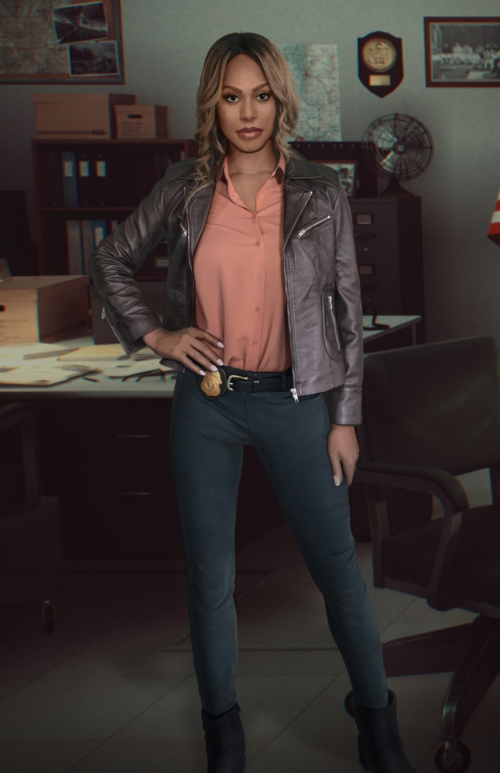 Laverne Cox, Jolt movie, Detective Nevin, Costume concept art, 1920x2970 HD Phone