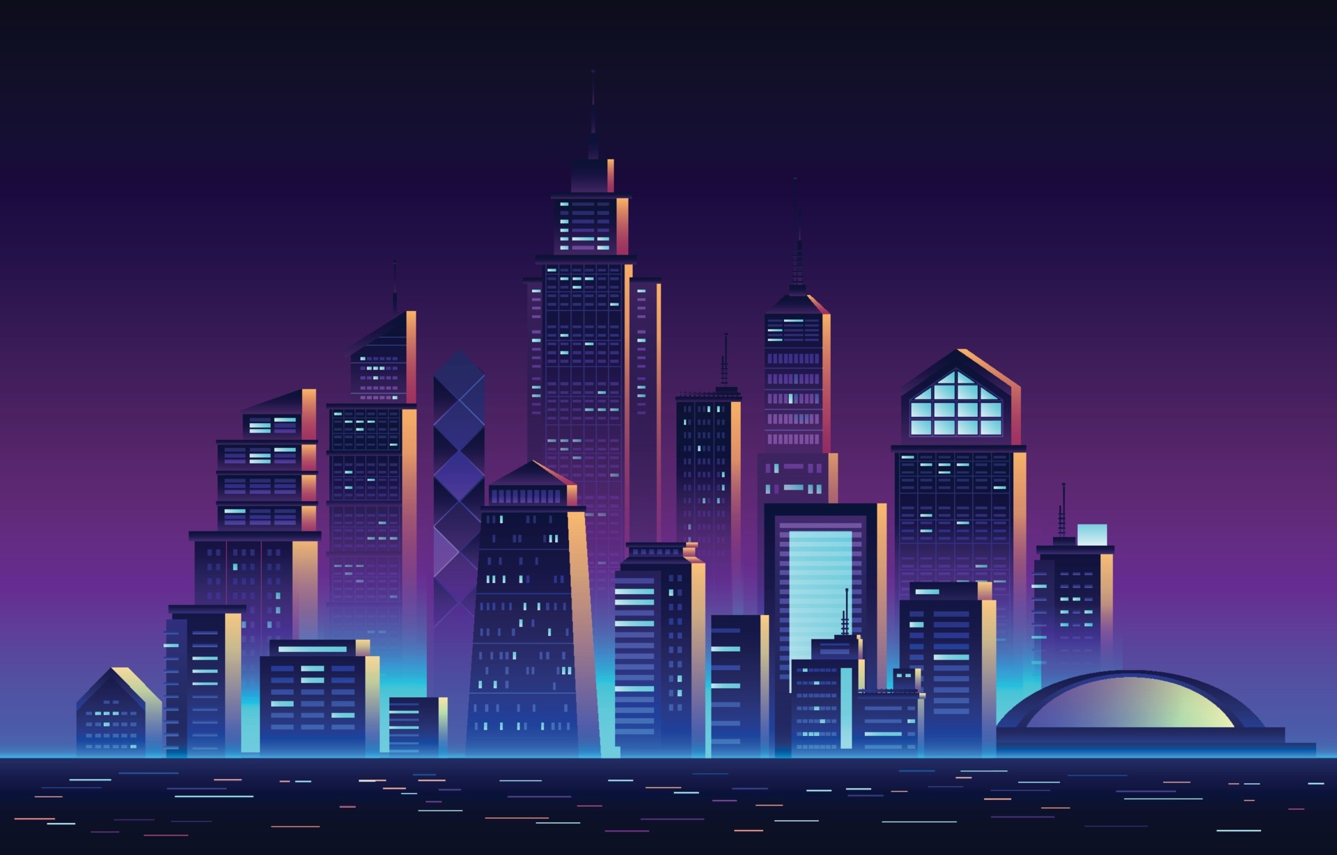 Neon Skyline, Travels, Futuristic skyline, Vector art, 1920x1230 HD Desktop