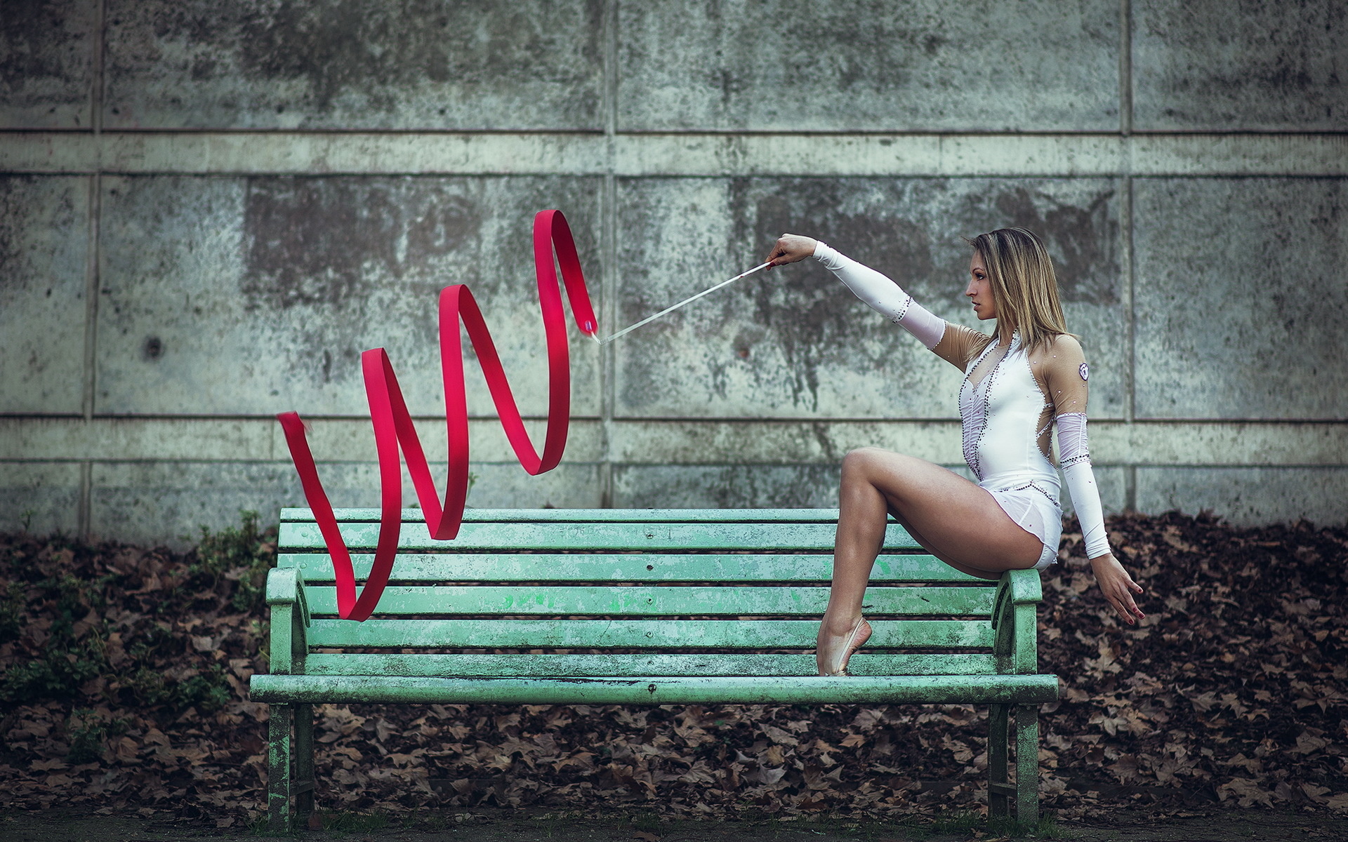 Focused girl, Gymnastics pose, Taped equipment, Bench section, 1920x1200 HD Desktop