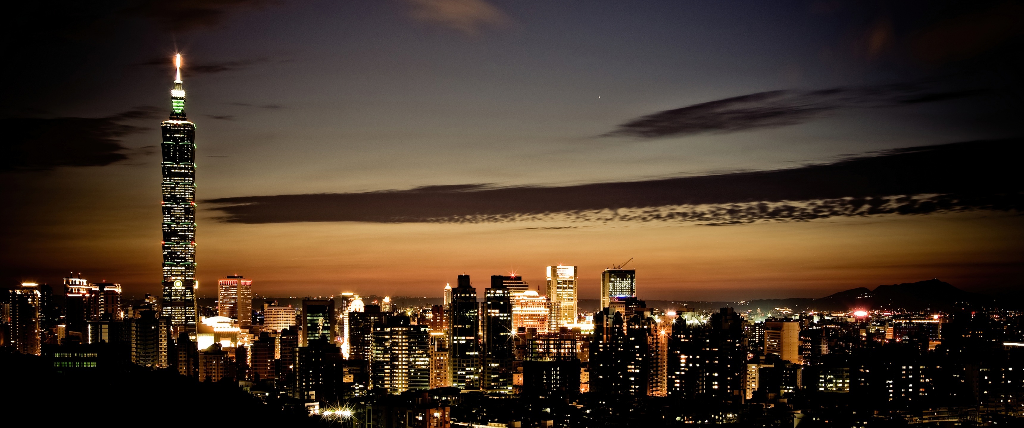 Taipei, Taiwan, Taipei 101, Cityscape night, 3440x1440 Dual Screen Desktop