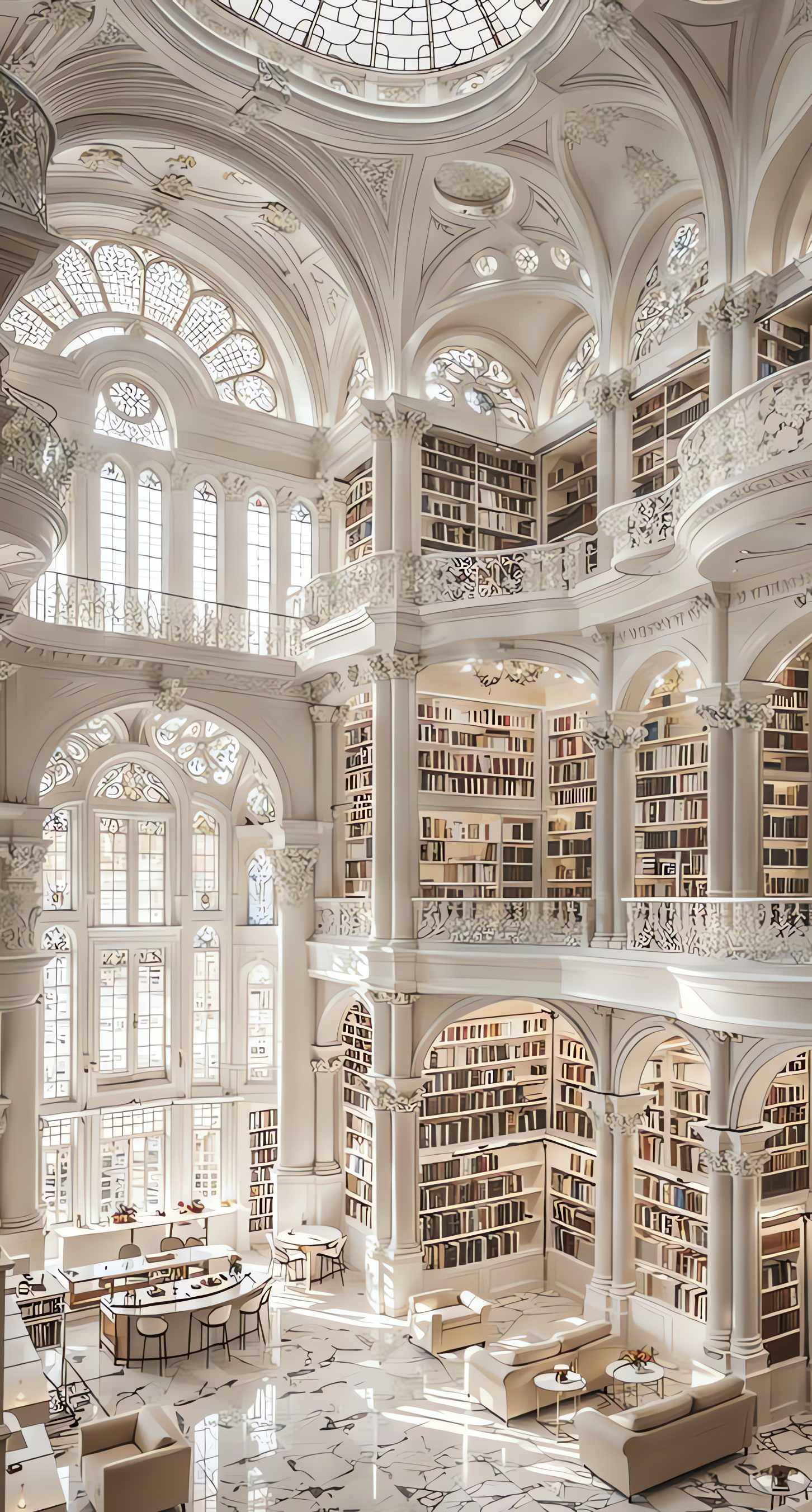 White Library with a coffee shop, Beautiful Architecture, Carved Interior, AI Wallpaper