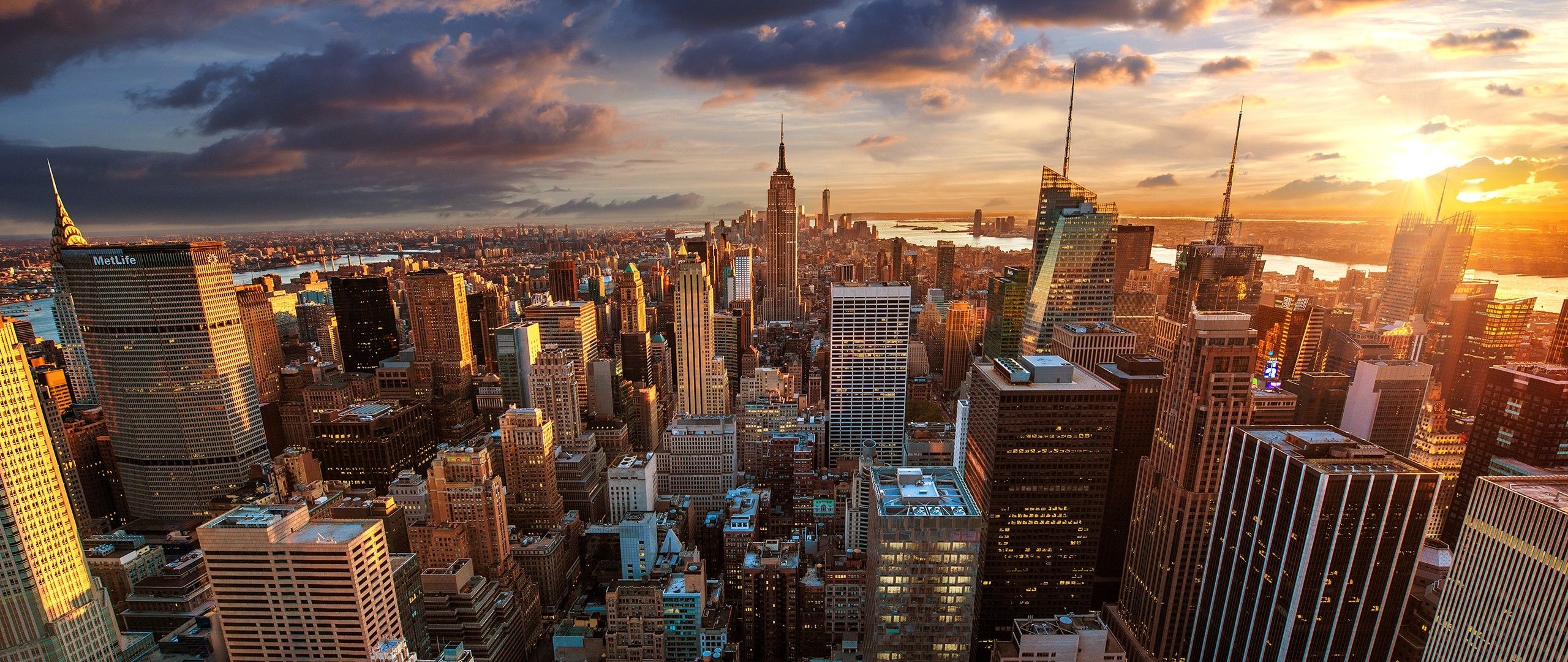 Manhattan Skyline, Travels, NYC sunrise, Golden hour beauty, 2560x1080 Dual Screen Desktop