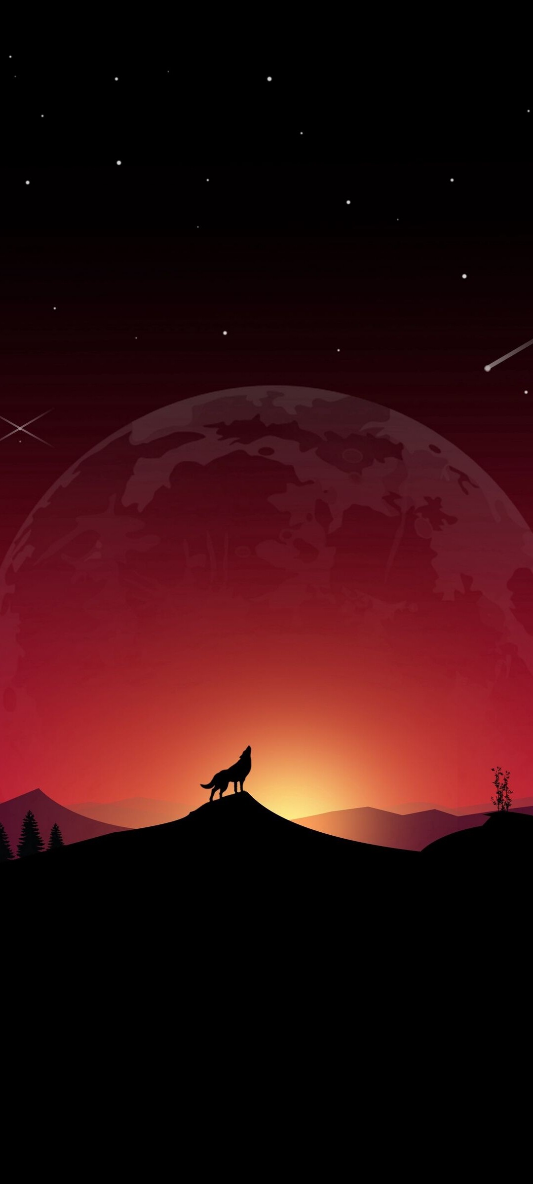 Red sky and wolf, Dramatic atmosphere, Twilight silhouette, Mystical encounter, 1080x2400 HD Phone