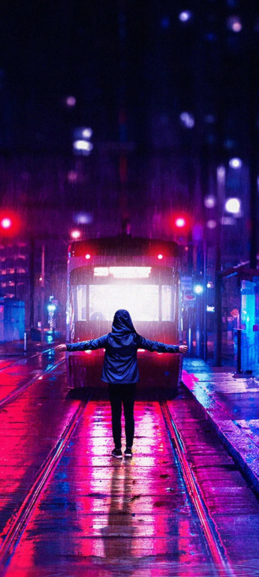 Neon cityscape, Night rain, Urban tram, Street hoodie, 1080x2400 HD Phone