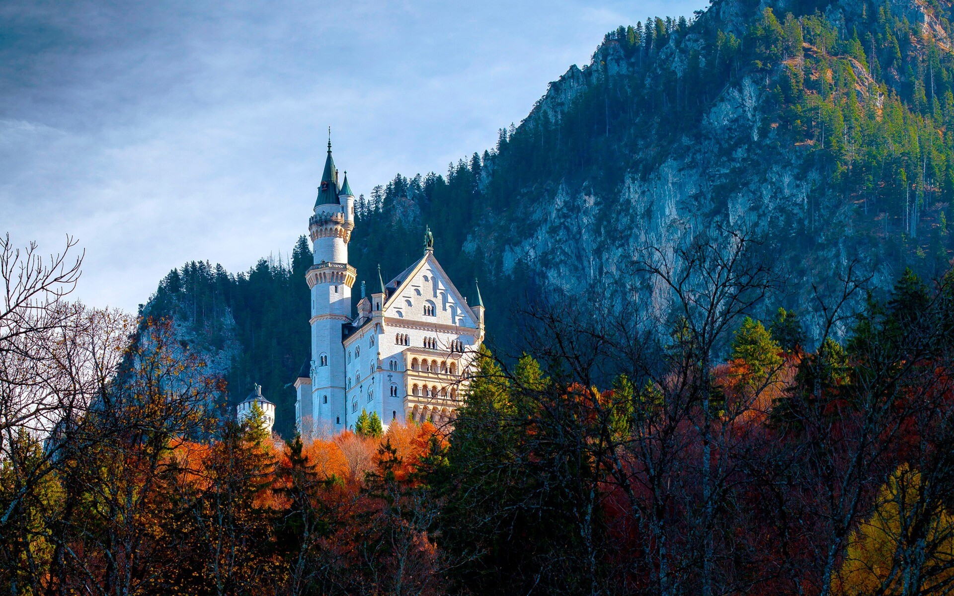 Neuschwanstein Castle autumn, Old castle beauty, Yellow trees forest, Schwangau Germany, 1920x1200 HD Desktop