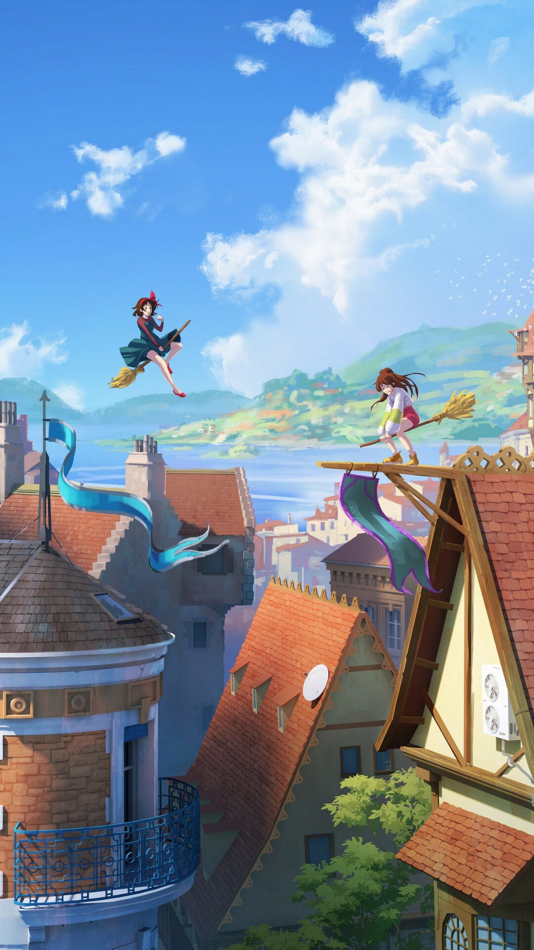 Sylvain Sarrailh artwork, Kiki and Chihiro rooftop, Anime illustration, Serene atmosphere, 1080x1920 Full HD Phone