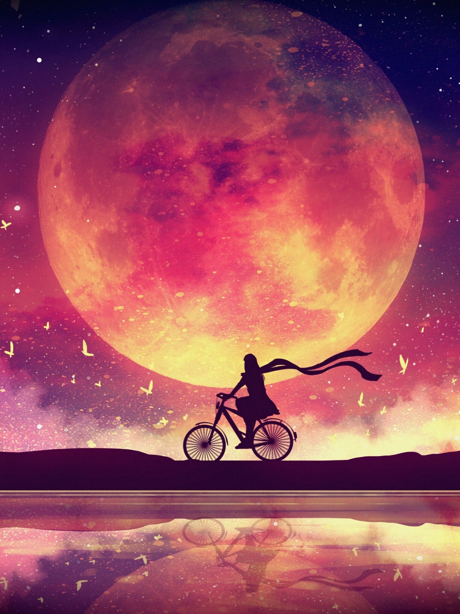 Supermoon, Girl and Bikes Wallpaper, 1540x2050 HD Phone