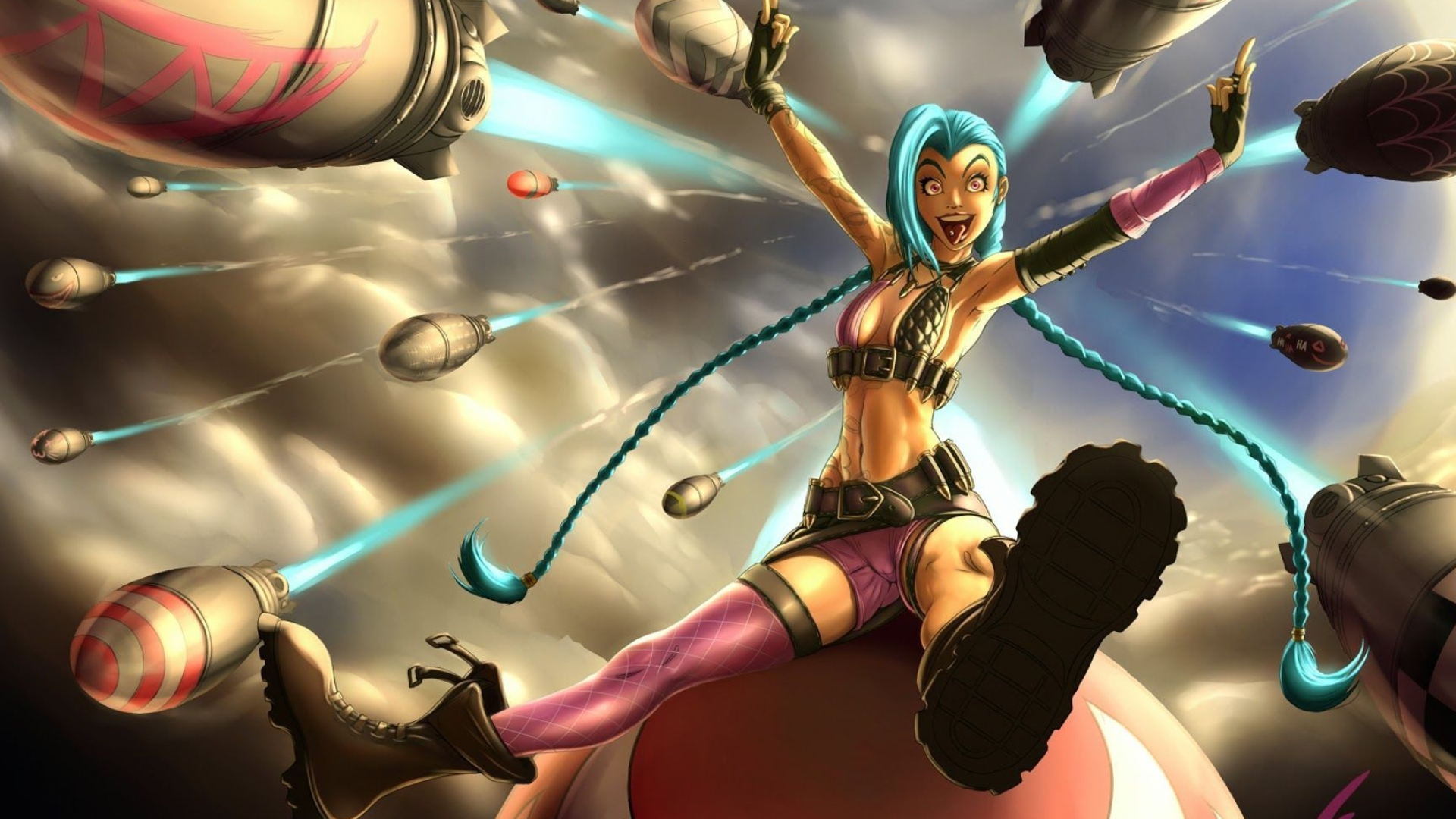 Jinx, League of Legends, Dynamic backgrounds, Explosive chaos, 1920x1080 Full HD Desktop