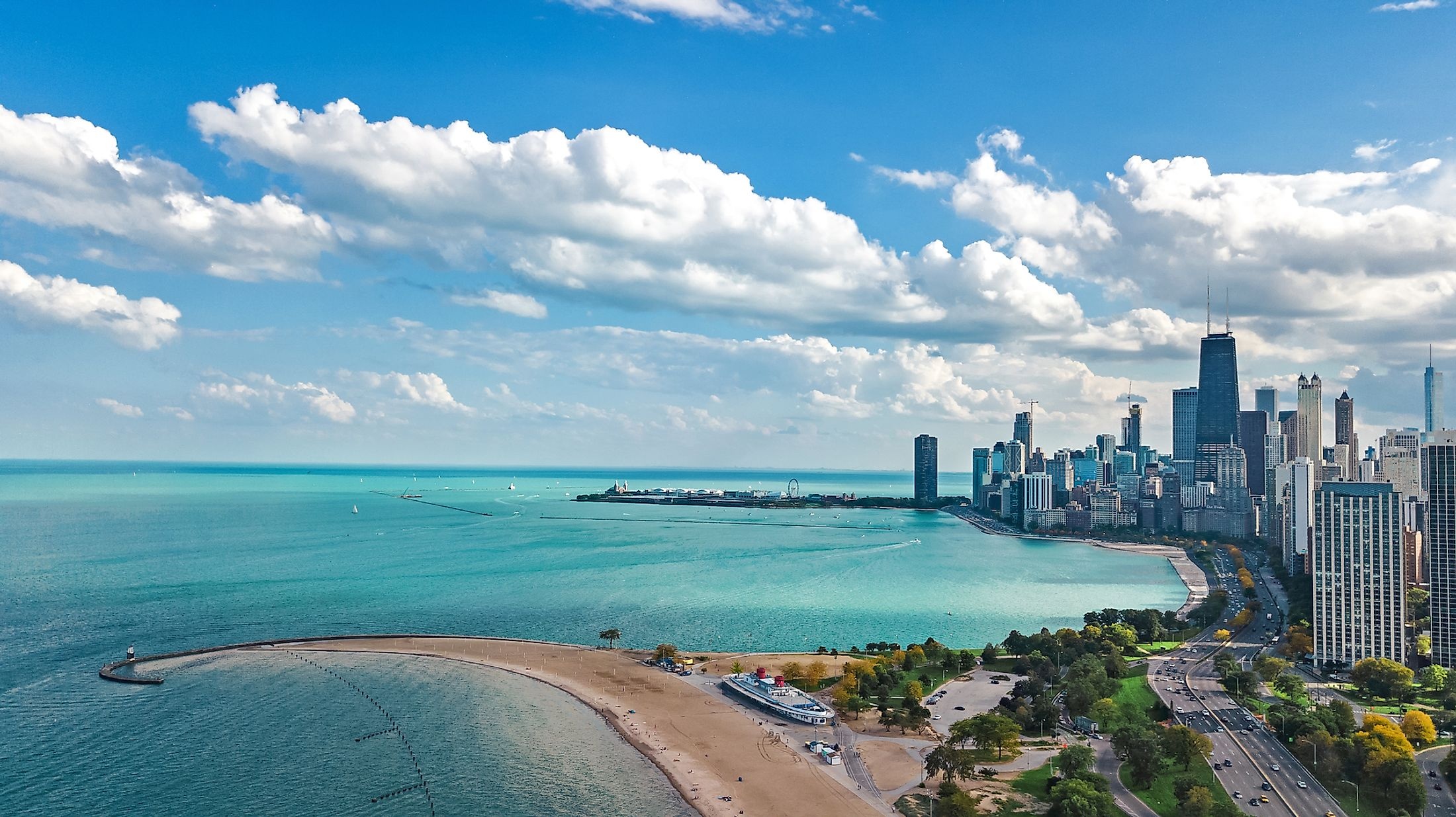 Lake Michigan, Expansive waters, Coastal beauty, World Atlas, 2200x1240 HD Desktop