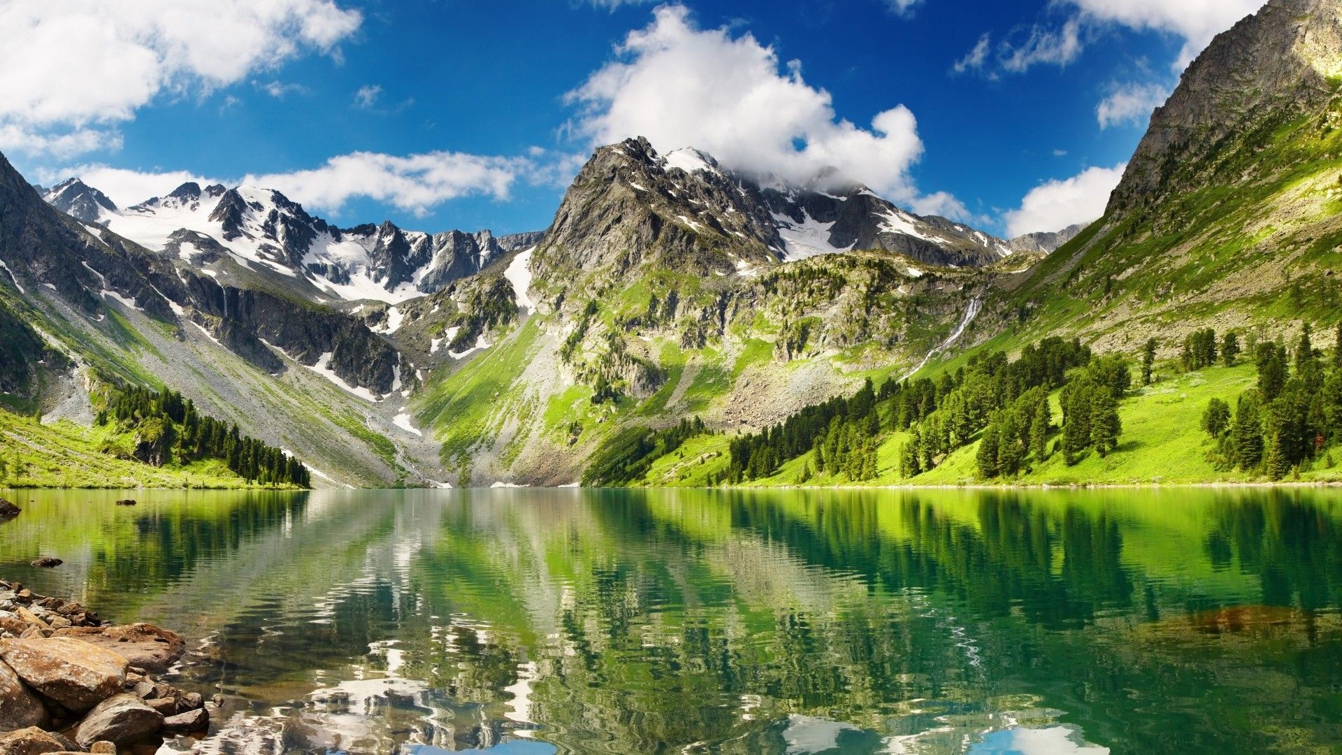 Green Mountains, Lake Reflection, Scenic Travel, Nature Destination, Alpine Views, 1920x1080 Full HD Desktop