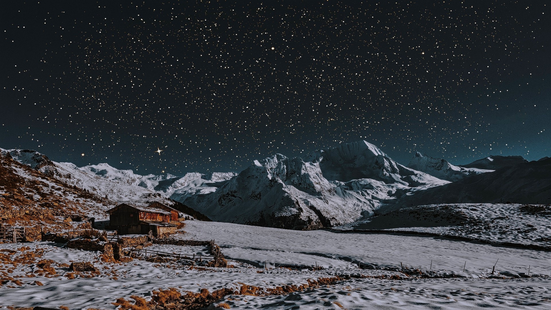 Snowy mountain, Starry night, Landscape, Night sky, Nature, 1920x1080 Full HD Desktop