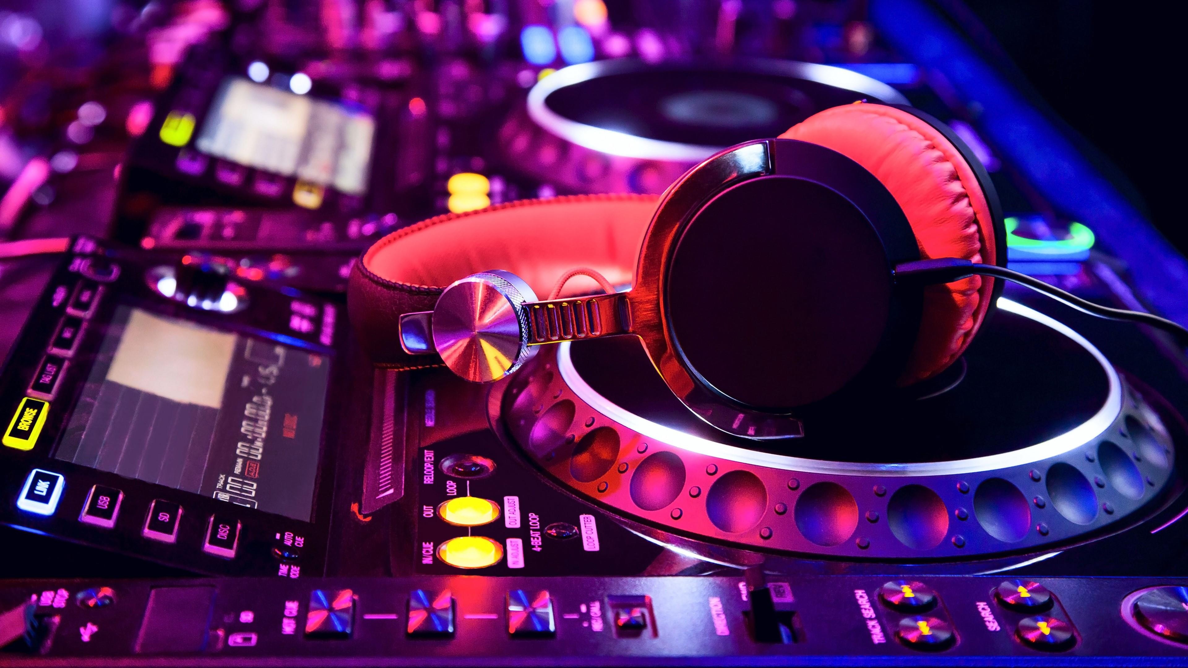 Neon DJ console, Party scene, Colorful lights, Music mixing, 3840x2160 4K Desktop