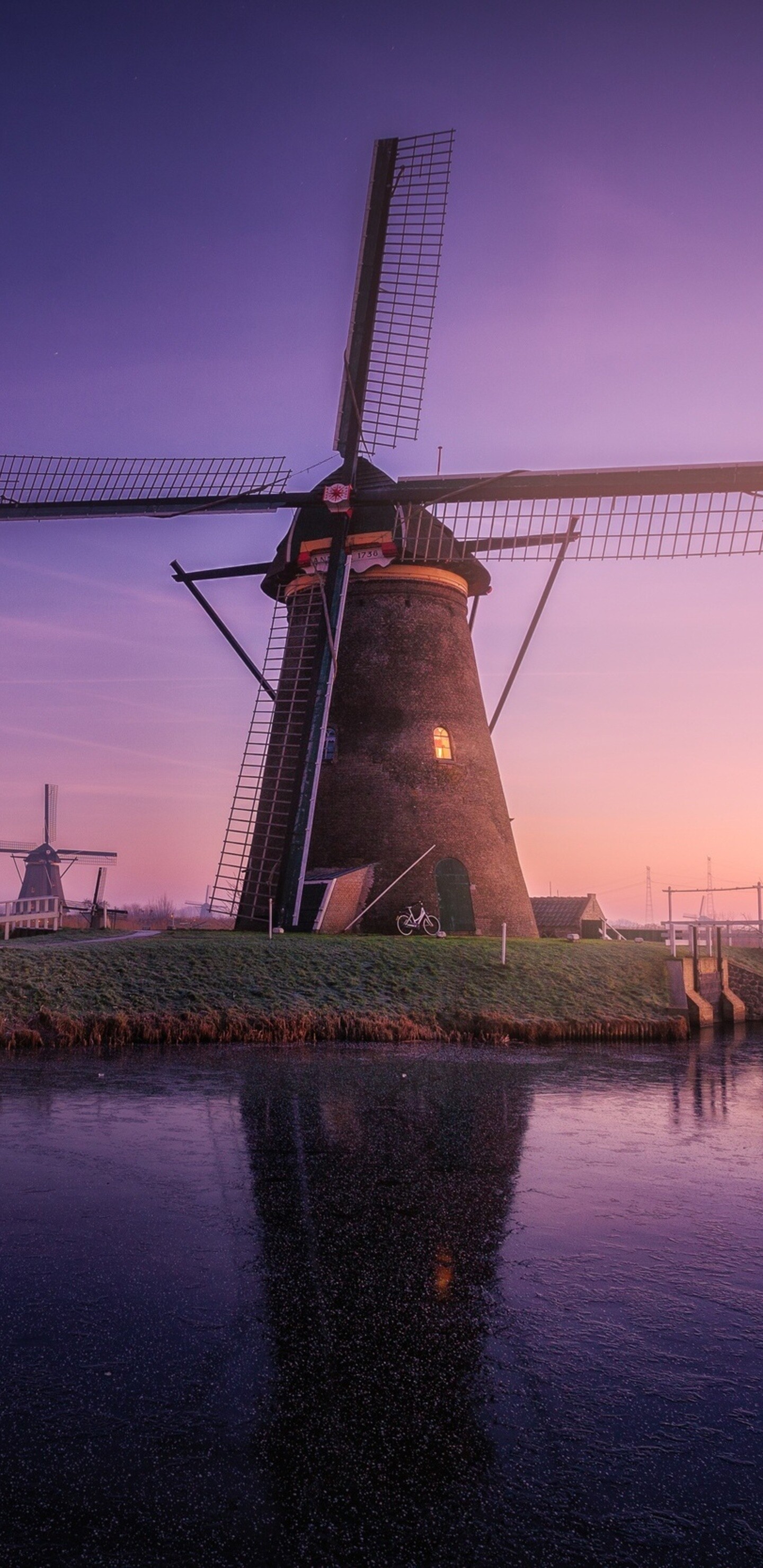 Netherlands, Windmill building, Sunrise, Field reflections, 1440x2960 HD Phone