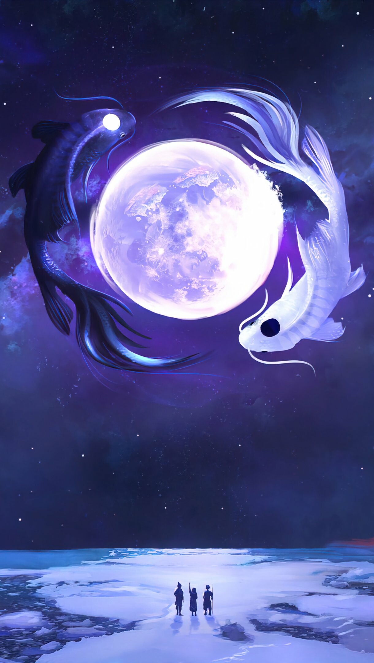 Koi fish, Moonlight wallpaper, Ultra HD, 1220x2160 HD Phone