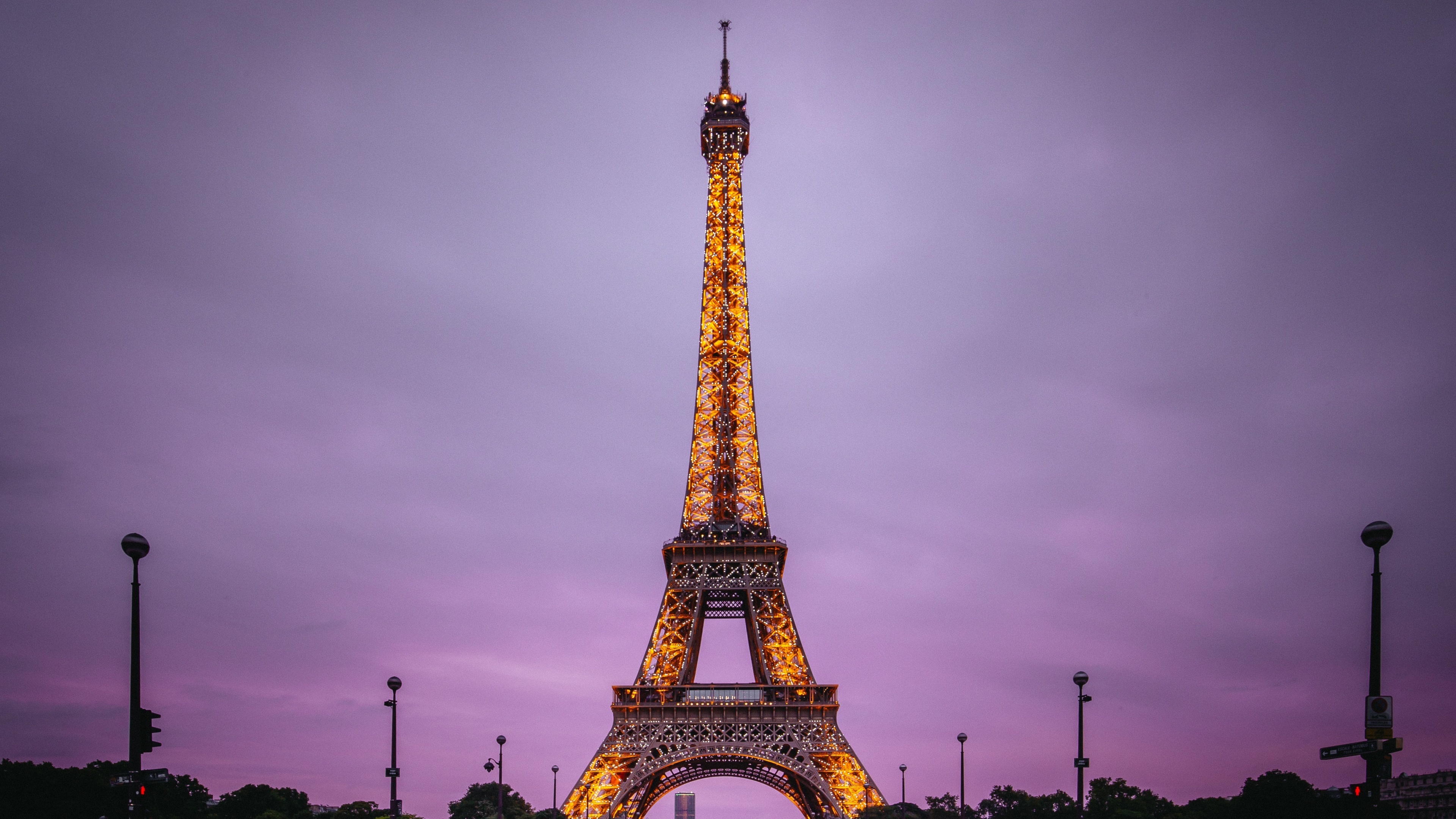 Eiffel Tower, Evening sky, Purple lights, Iconic landmark, 3840x2160 4K Desktop