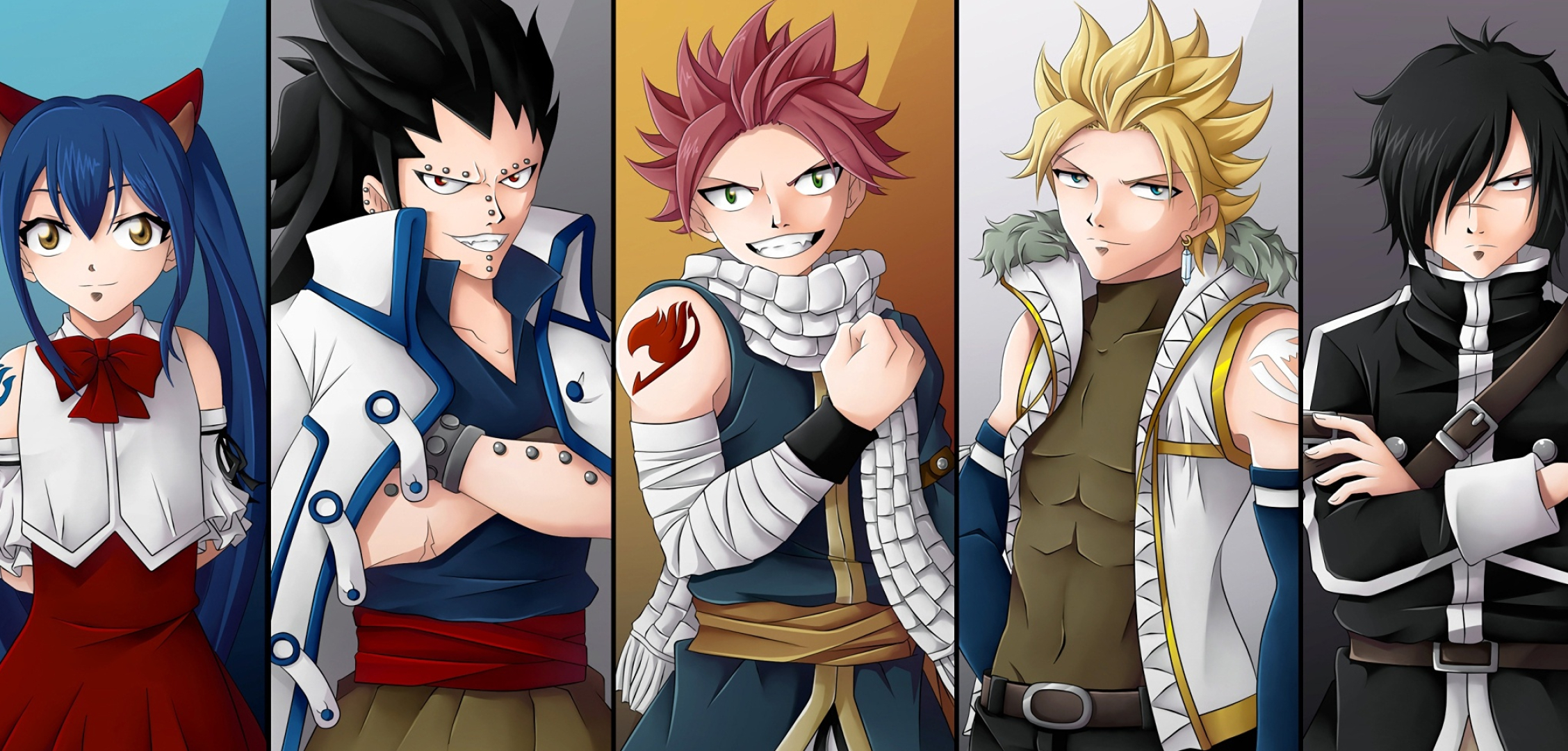 Gajeel and Natsu, Rogue Cheney, Sting Eucliffe, Wendy Marvell, Anime wallpaper, 2260x1080 Dual Screen Desktop