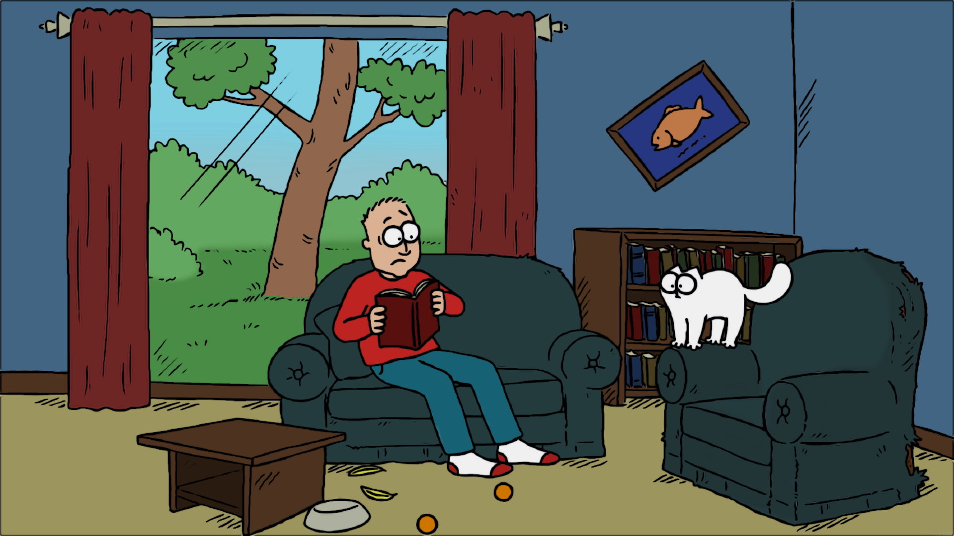 Simon's cat, Cozy reading spot, Relaxing atmosphere, Charming wallpaper, 1920x1080 Full HD Desktop