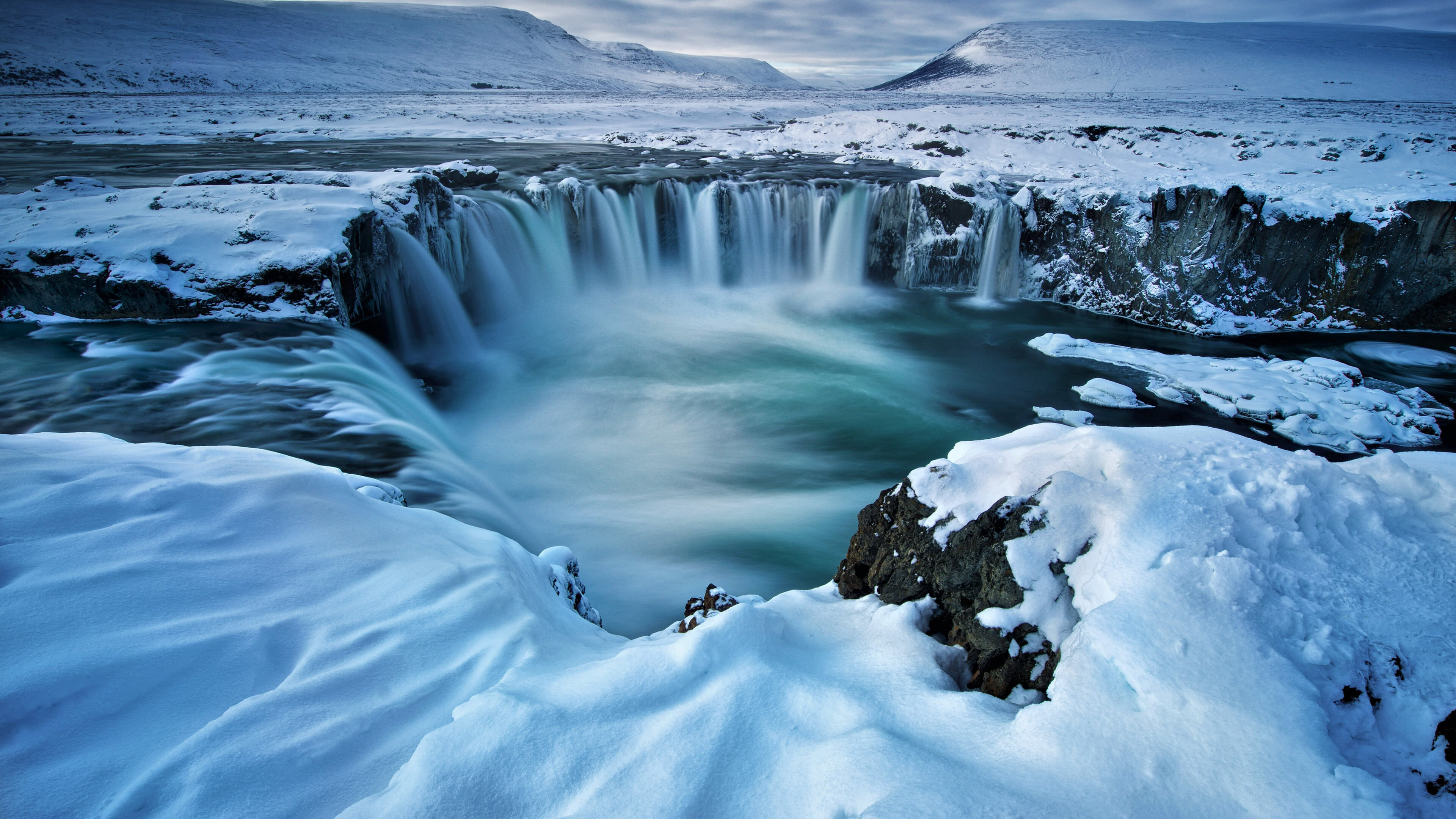 Godafoss waterfall, Winter wonderland, Icelandic beauty, UHD wallpaper, 3840x2160 4K Desktop