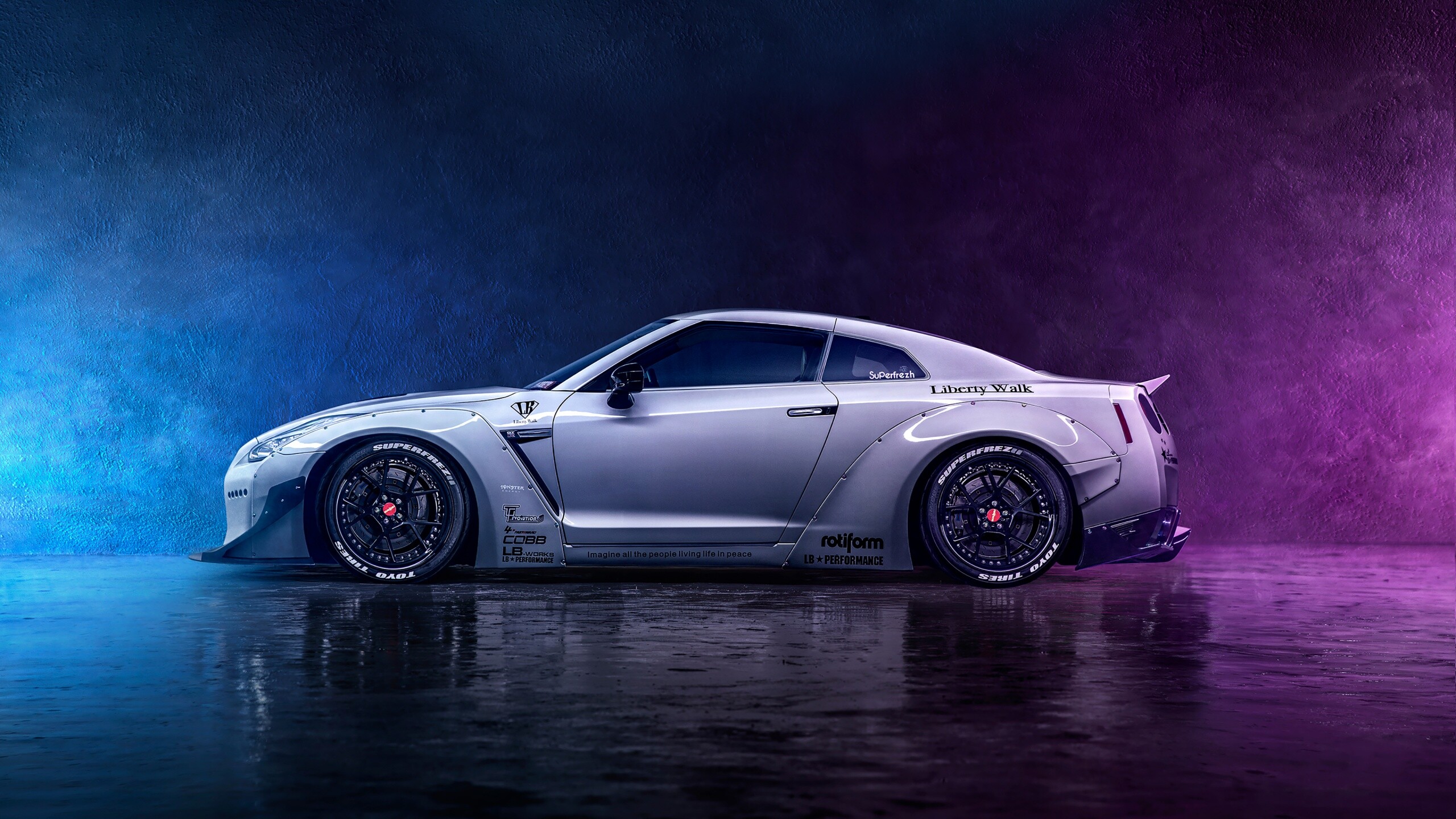 Nissan GT-R wallpaper 4K neon, Digital art masterpiece, Dynamic energy, Futuristic vibe, 2560x1440 HD Desktop