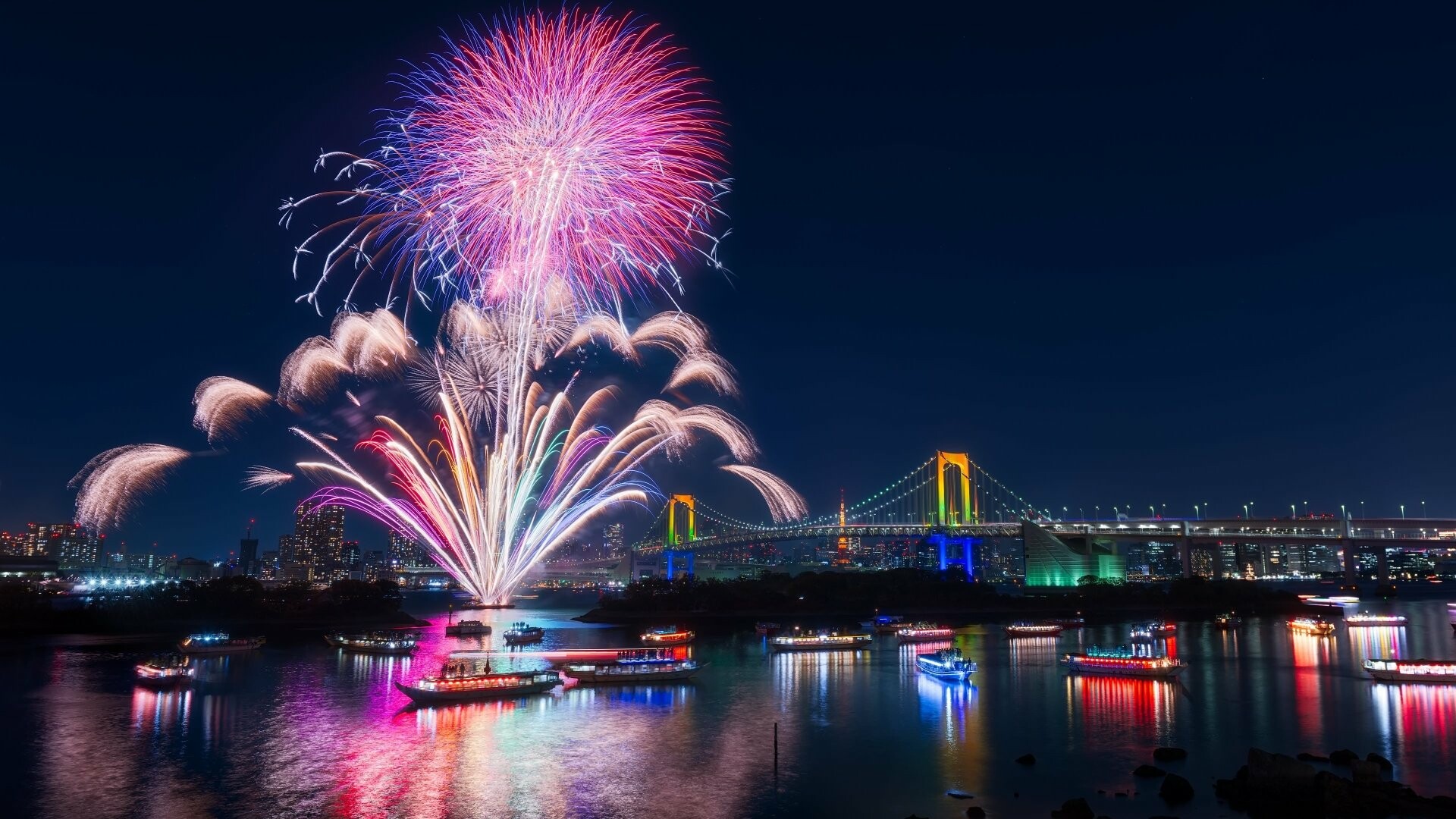 Fireworks extravaganza, Mesmerizing display, Captivating patterns, Nighttime sky, 1920x1080 Full HD Desktop