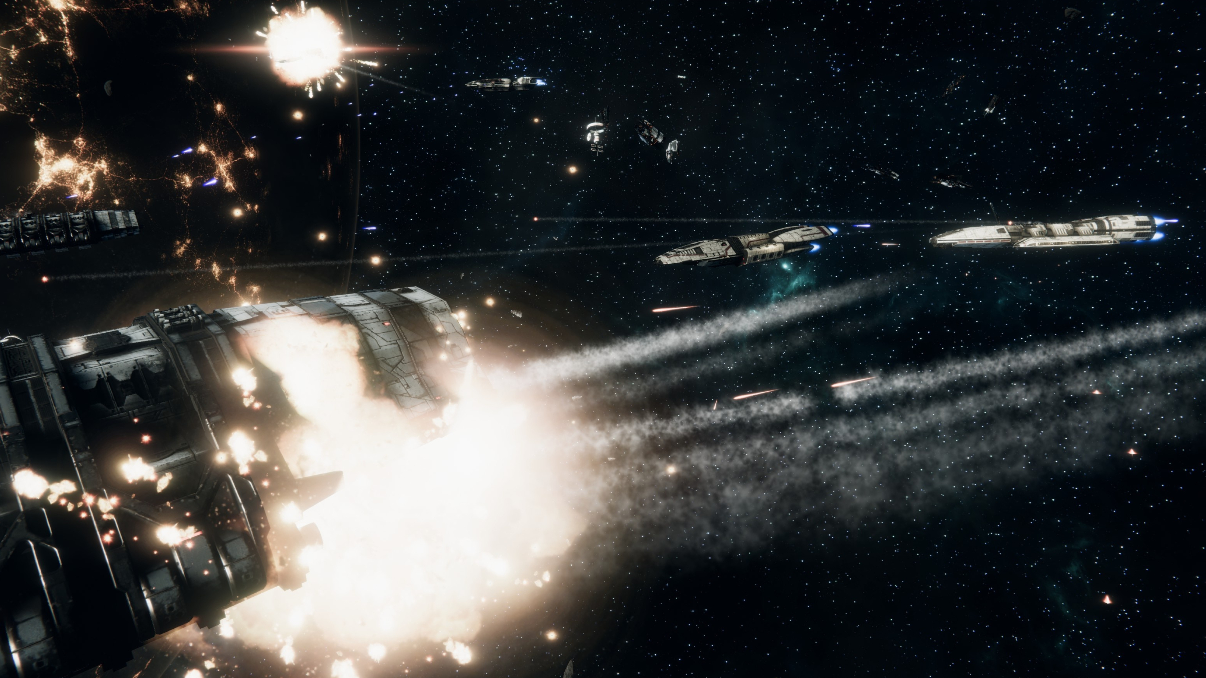 Space battle, Battleship, Battlestar Galactica, Explosions, 3840x2160 4K Desktop