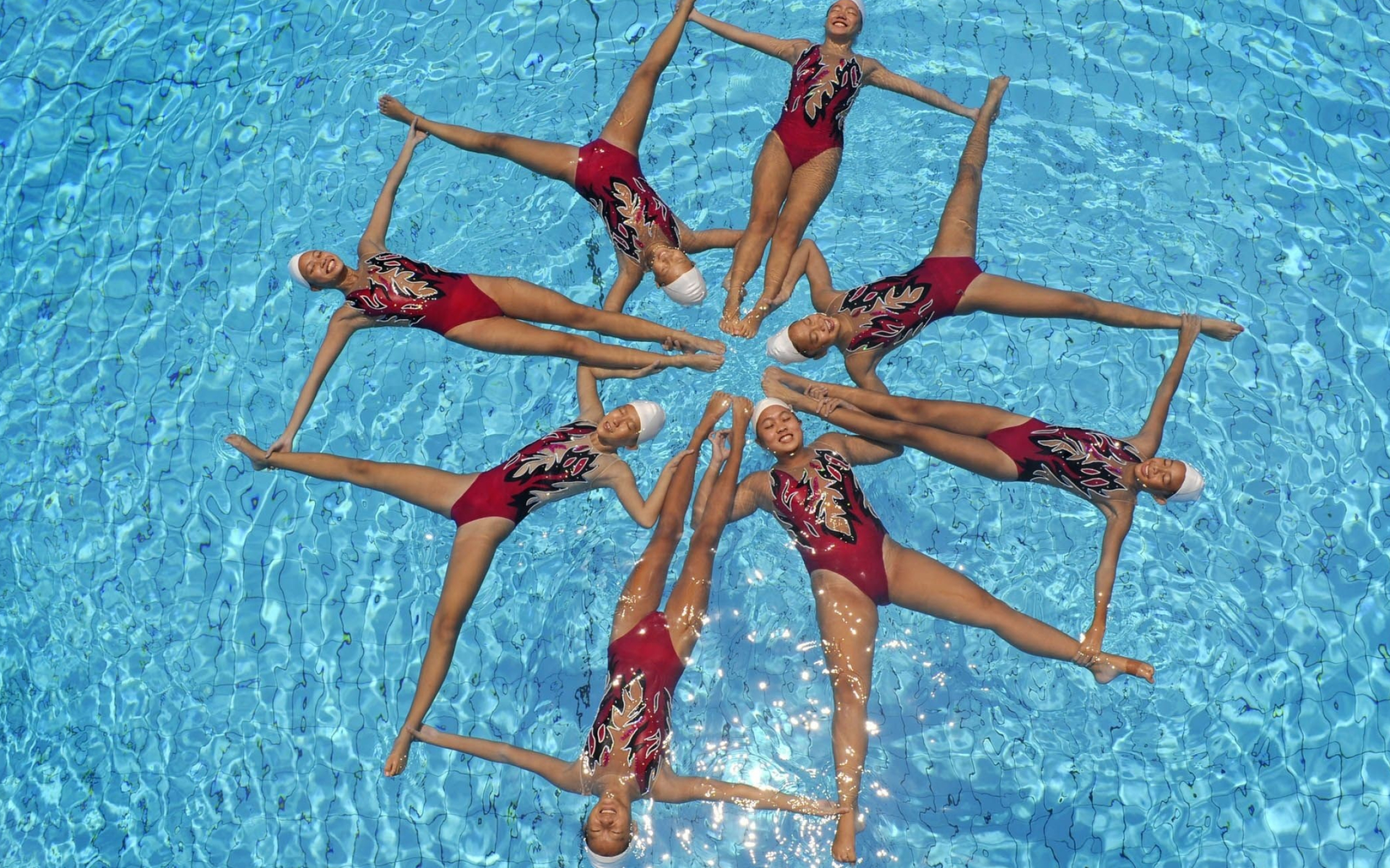 Stunning water ballet, Mesmerizing synchronization, Perfectly timed, Captivating aquatic dance, 2560x1600 HD Desktop