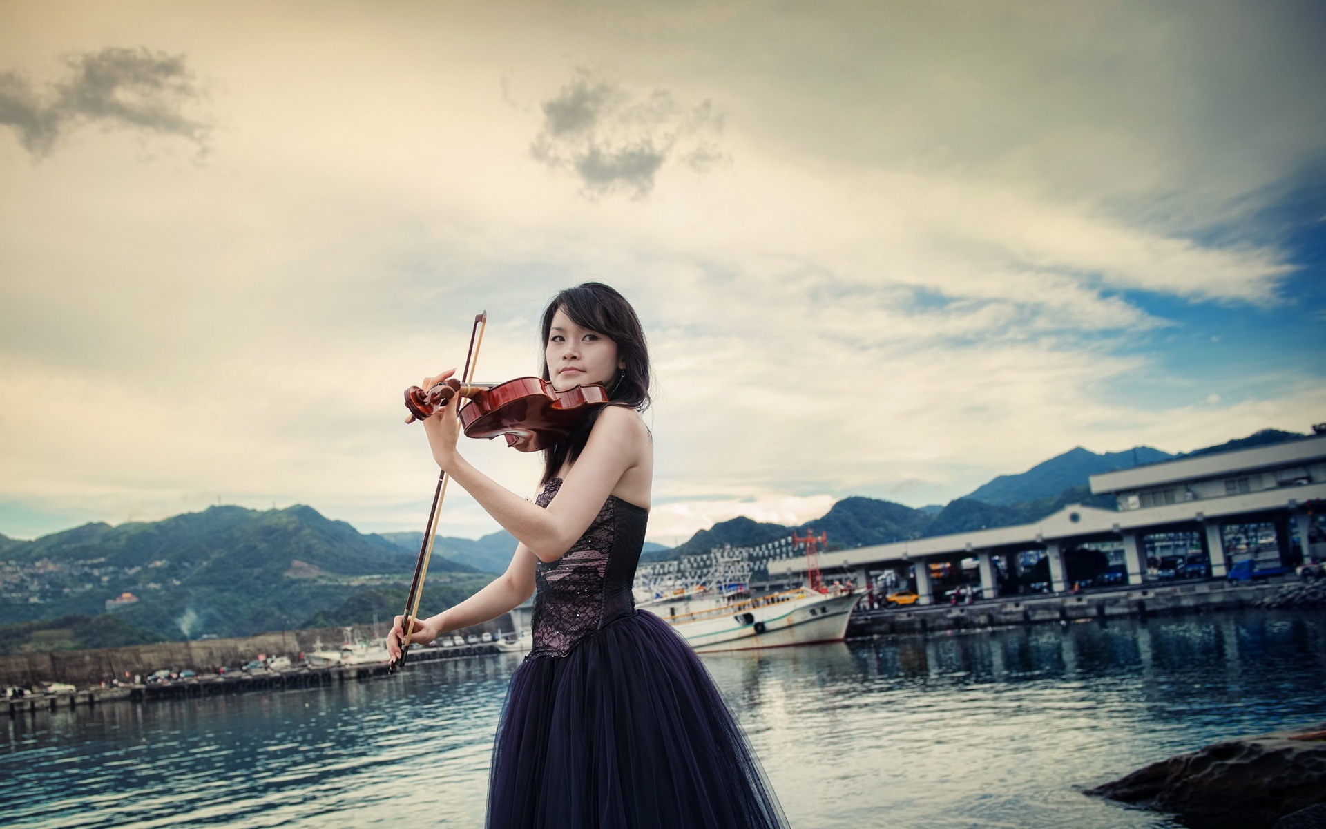 Asian girl with violin, Musical pier, Aesthetic wallpaper, Girls wallpaper, 1920x1200 HD Desktop