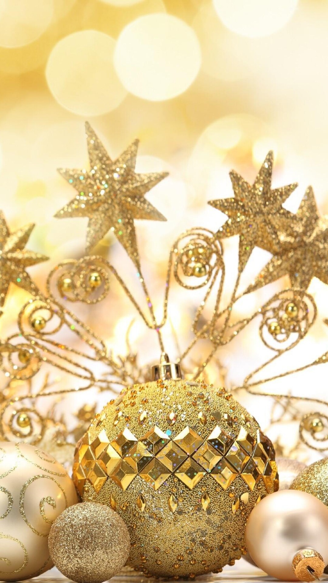 Christmas baubles, Gold Star Wallpaper, 1080x1920 Full HD Phone