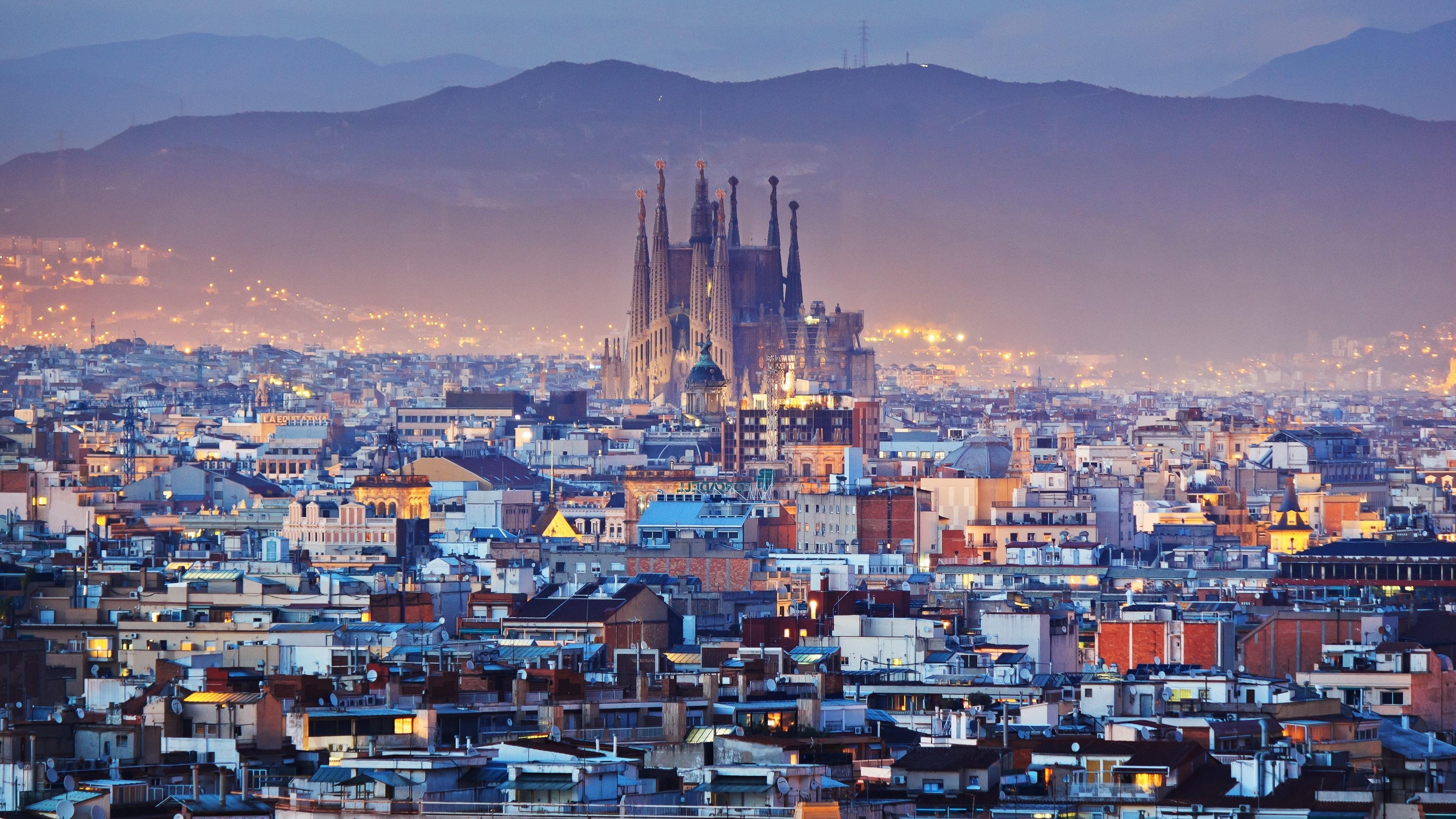 Barcelona skyline at dusk, European cityscape, Metropolitan area, 4K wallpaper, 3840x2160 4K Desktop