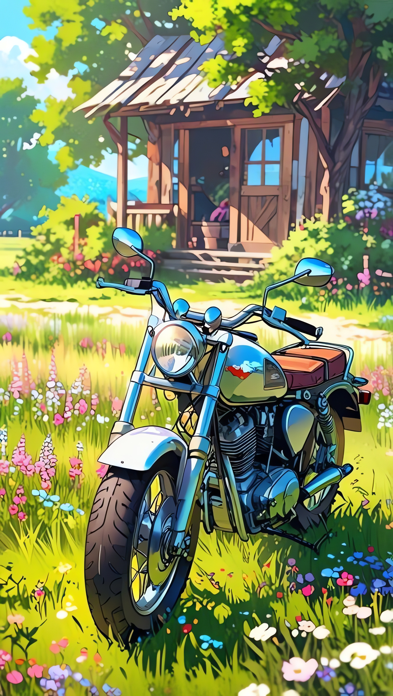 Bike, Country House, Cartoon, Painting, Mobile Wallpaper