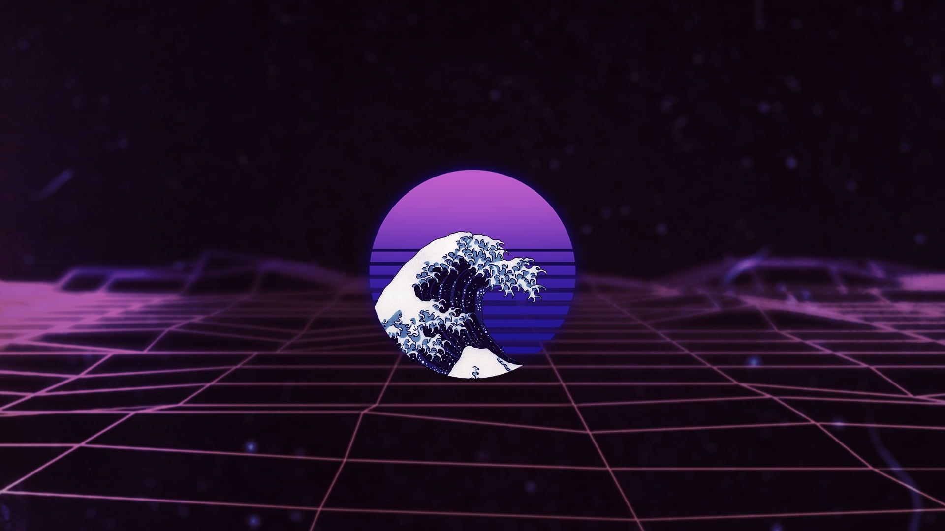 Great Wave off Kanagawa, Vaporwave, Purple background, 1920x1080 Full HD Desktop