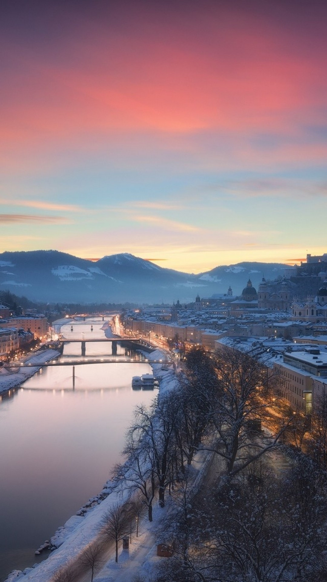 Austria Salzburg, Snow-covered bridge, City lights, Scenic cityscape, 1080x1920 Full HD Phone