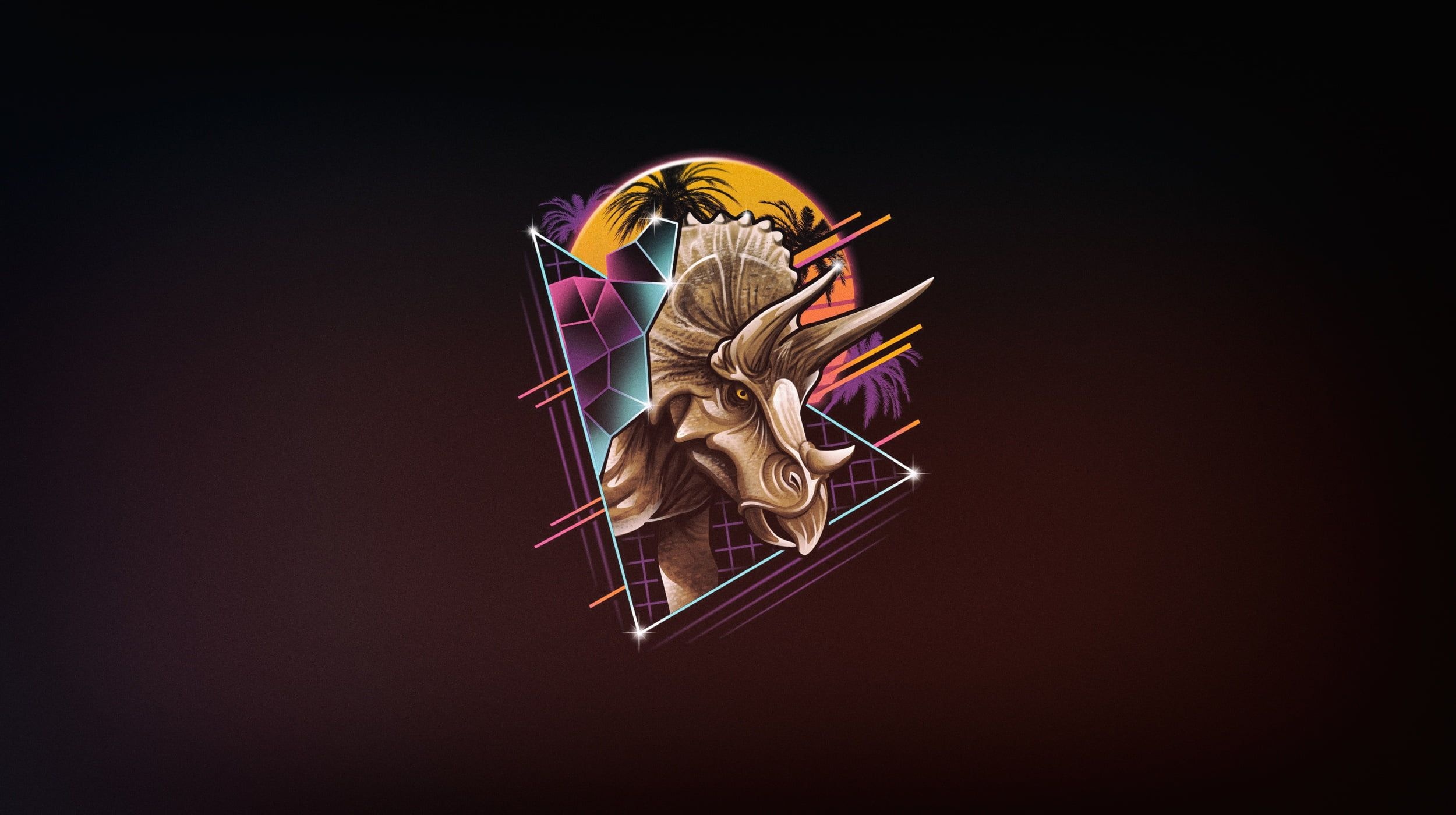 Triceratops, Neon dinosaur art, 80s retro wallpaper, Synthwave vibes, 2500x1400 HD Desktop