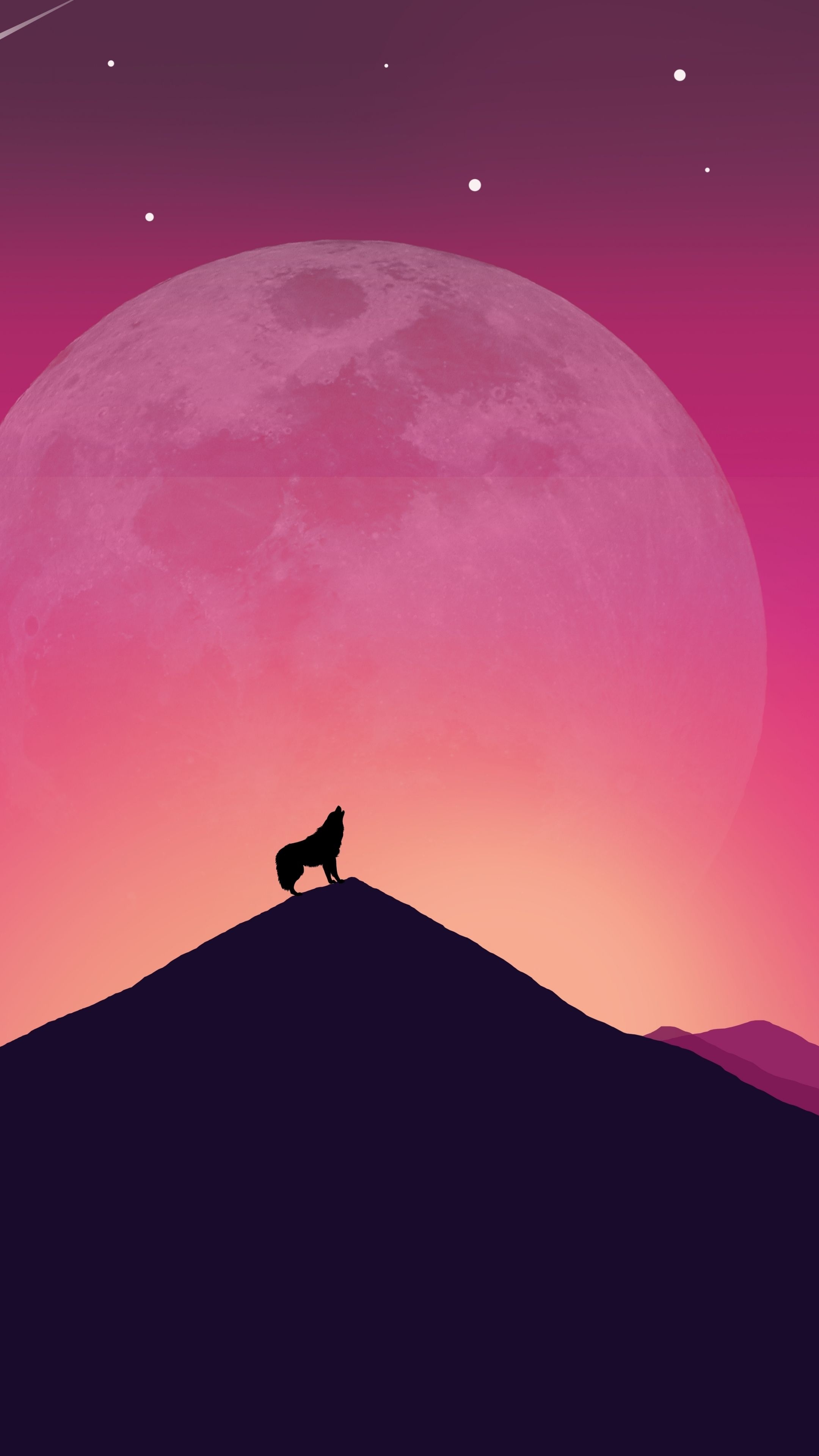 Wolf and moon, night, digital art, wallpaper 2160x3840