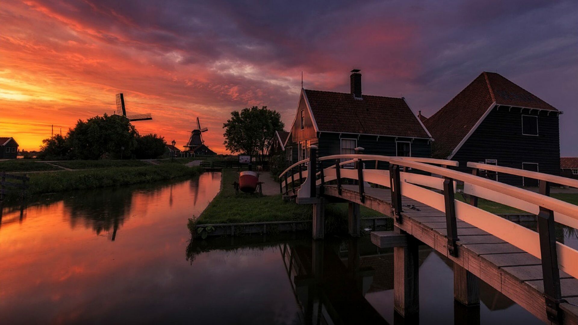 Netherlands sunset farm, Wooden bridge channel, Water wind, Desktop wallpaper, 1920x1080 Full HD Desktop