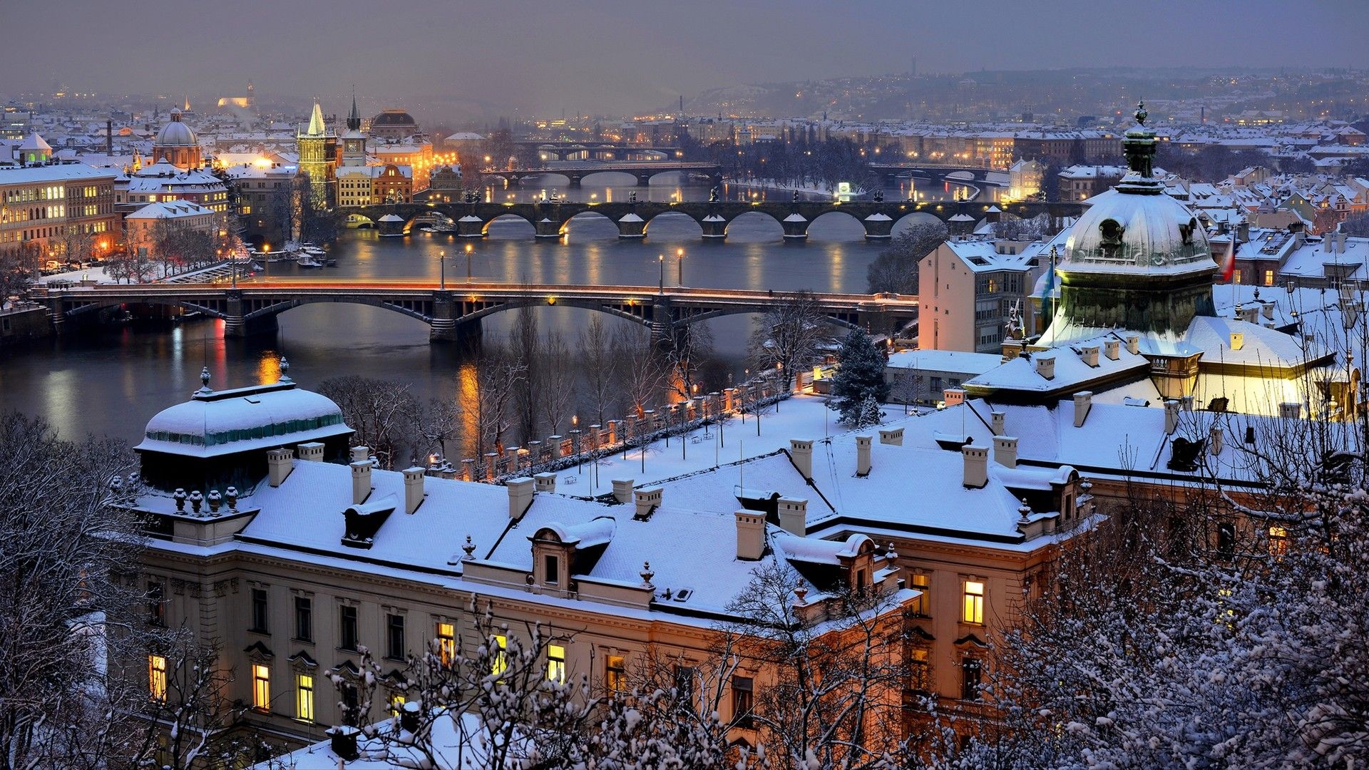 Winter wonderland, Snow-covered streets, Festive ambiance, Prague's magical season, 1920x1080 Full HD Desktop