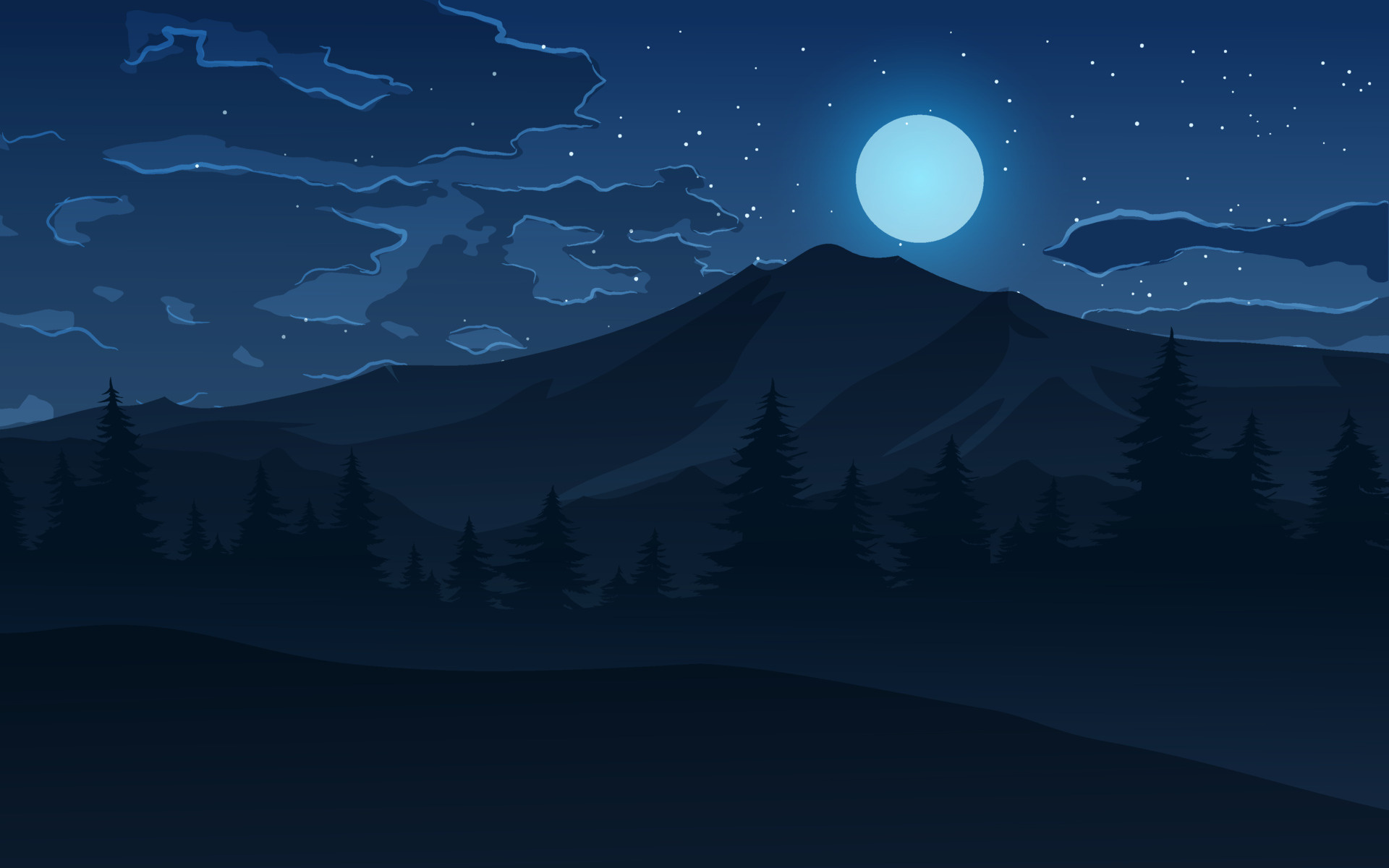 Mountain Scene, Full Moon, Clouds, Stars, Vector Art, 1920x1200 HD Desktop