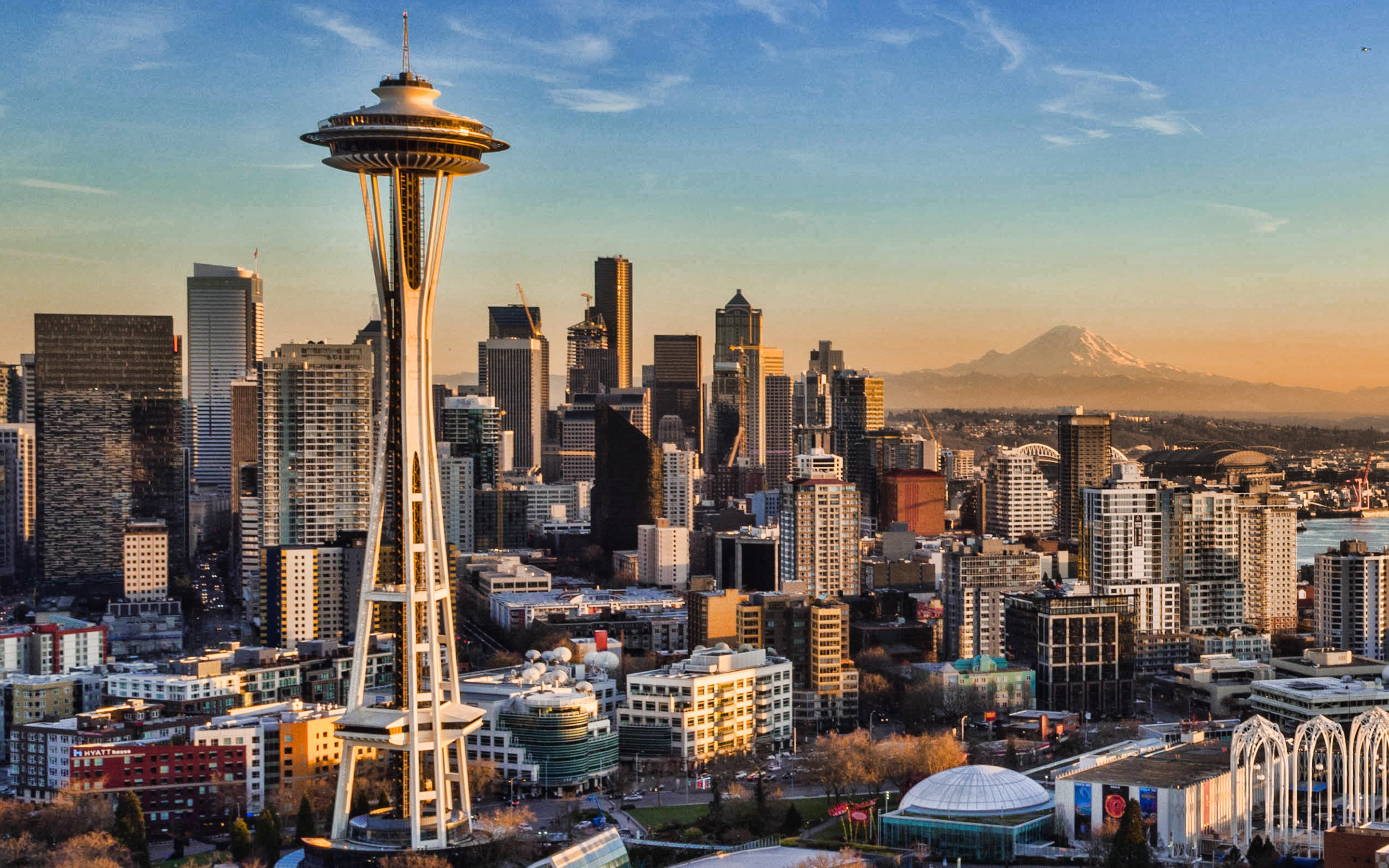 Seattle Space Needle, Sunset, Skyscrapers, 2880x1800 HD Desktop