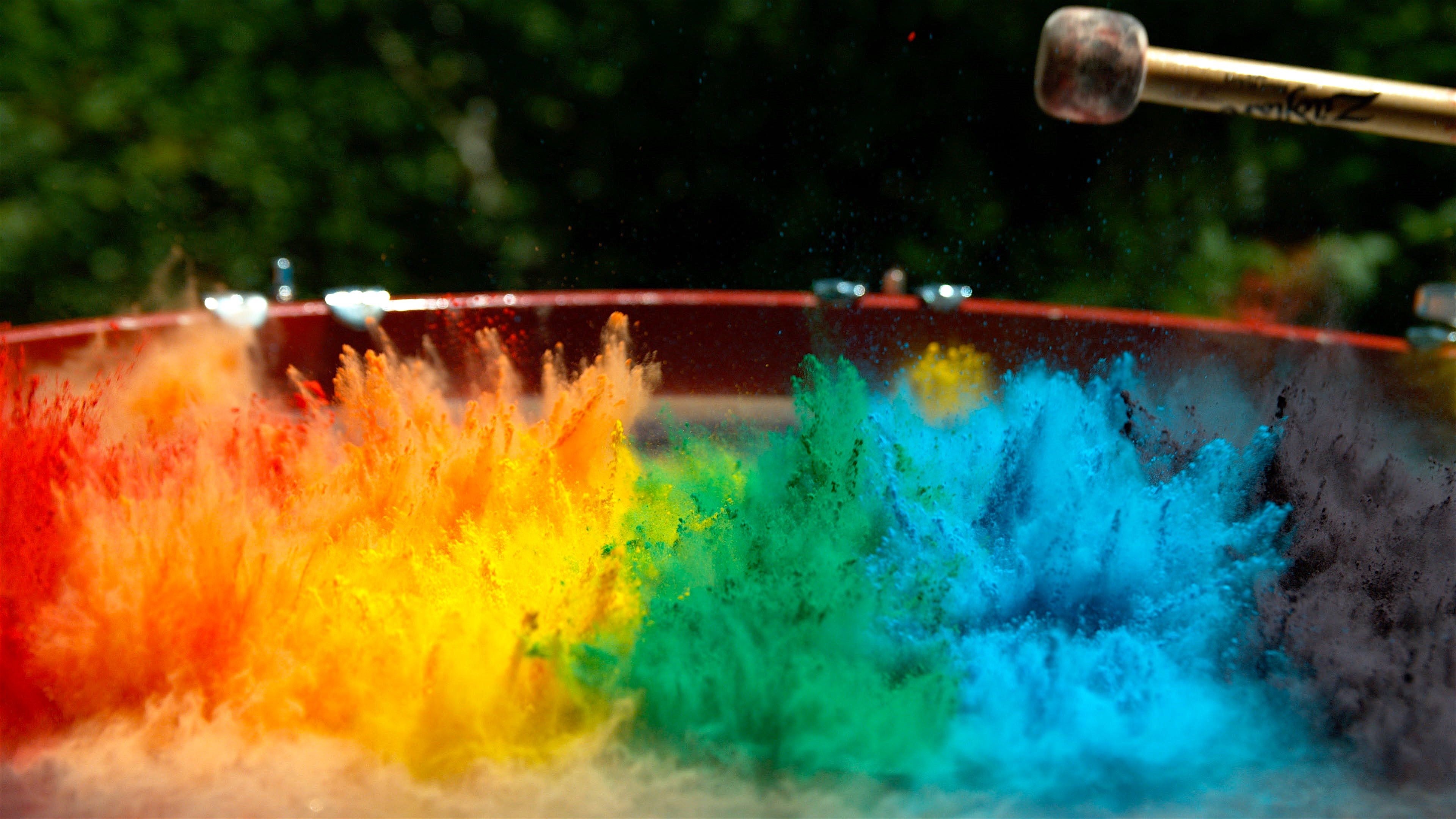 Vibrant paint vibrations, Slow motion drum, Colorful powder splash, Visualized art, 3840x2160 4K Desktop