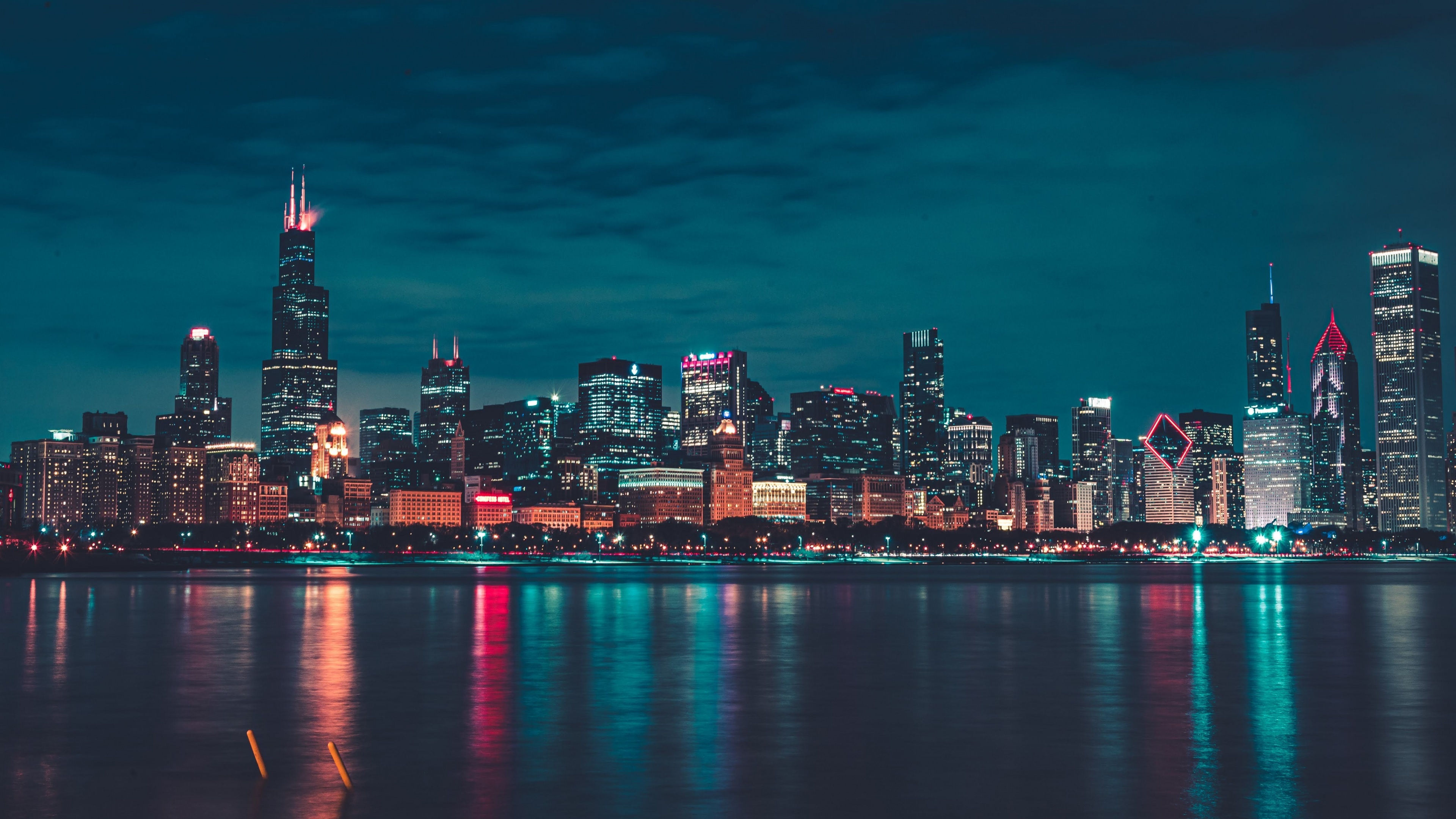 Chicago travels, Night cityscape, Vibrant lights, Reflections, 3840x2160 4K Desktop