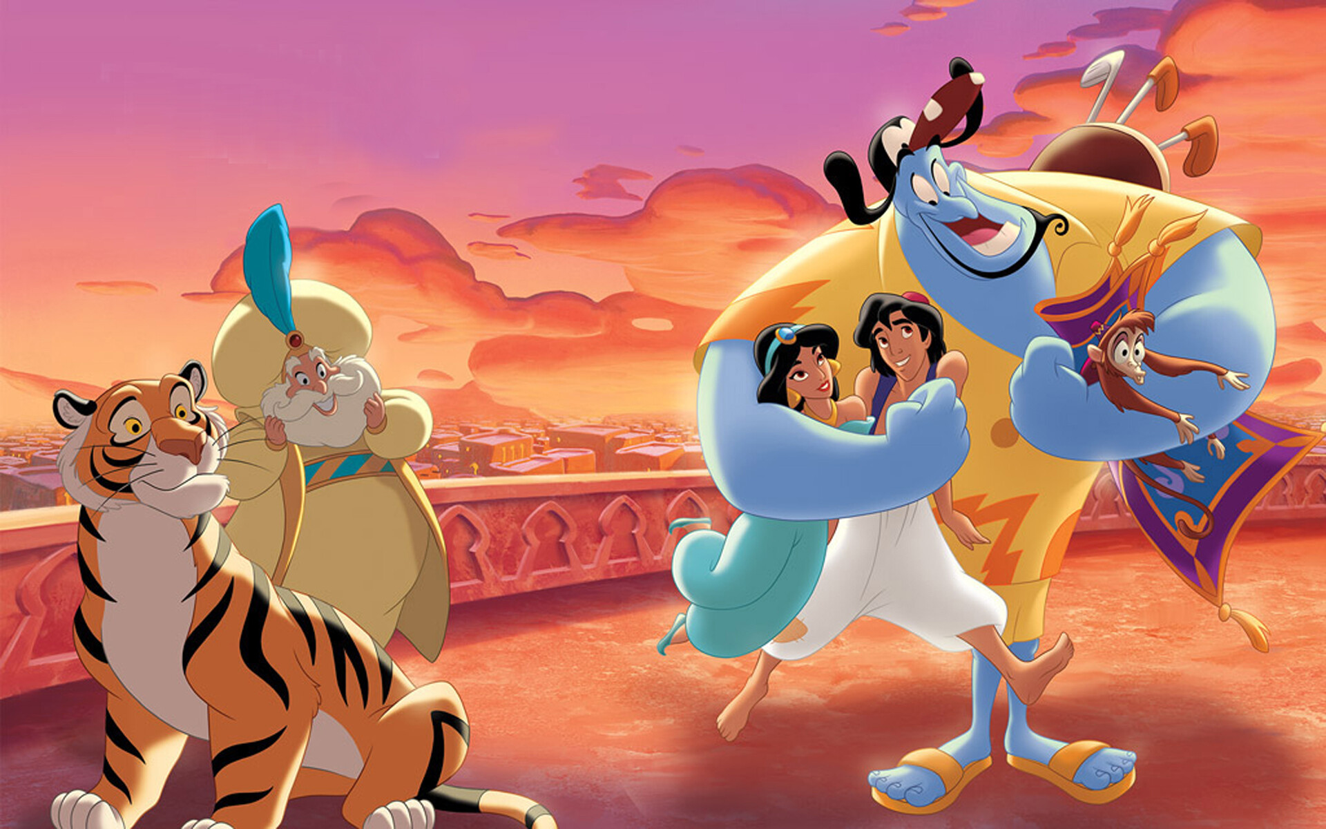 Walt Disney, Aladdin and Princess Jasmine, Genie, Sultan and Abu, 1920x1200 HD Desktop