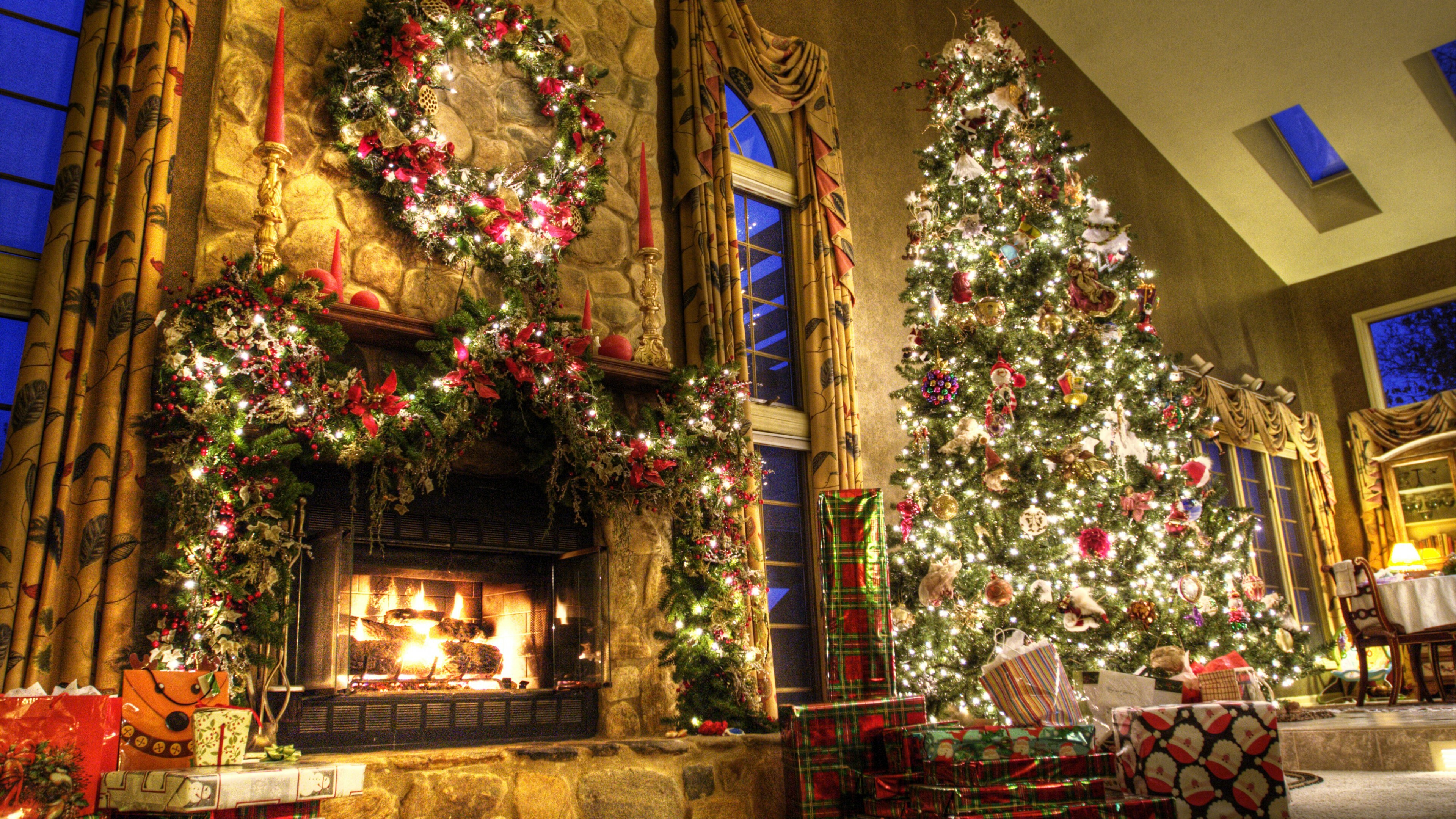 Christmas Fireplace, New Year decor, Festive lights, Holiday gifts, 3840x2160 4K Desktop