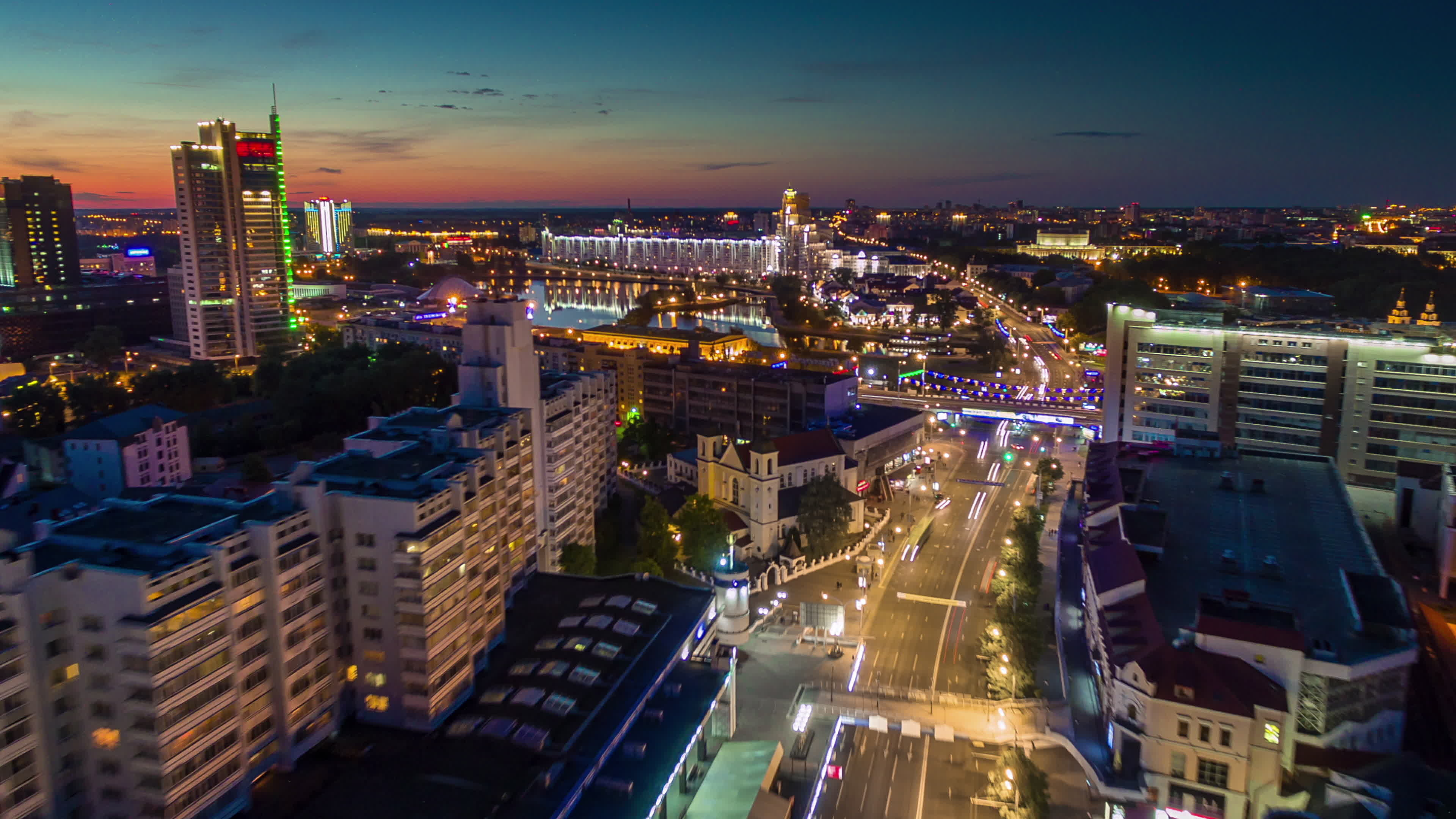 Belarus, Sunset, Minsk city center, Aerial panorama, 3840x2160 4K Desktop