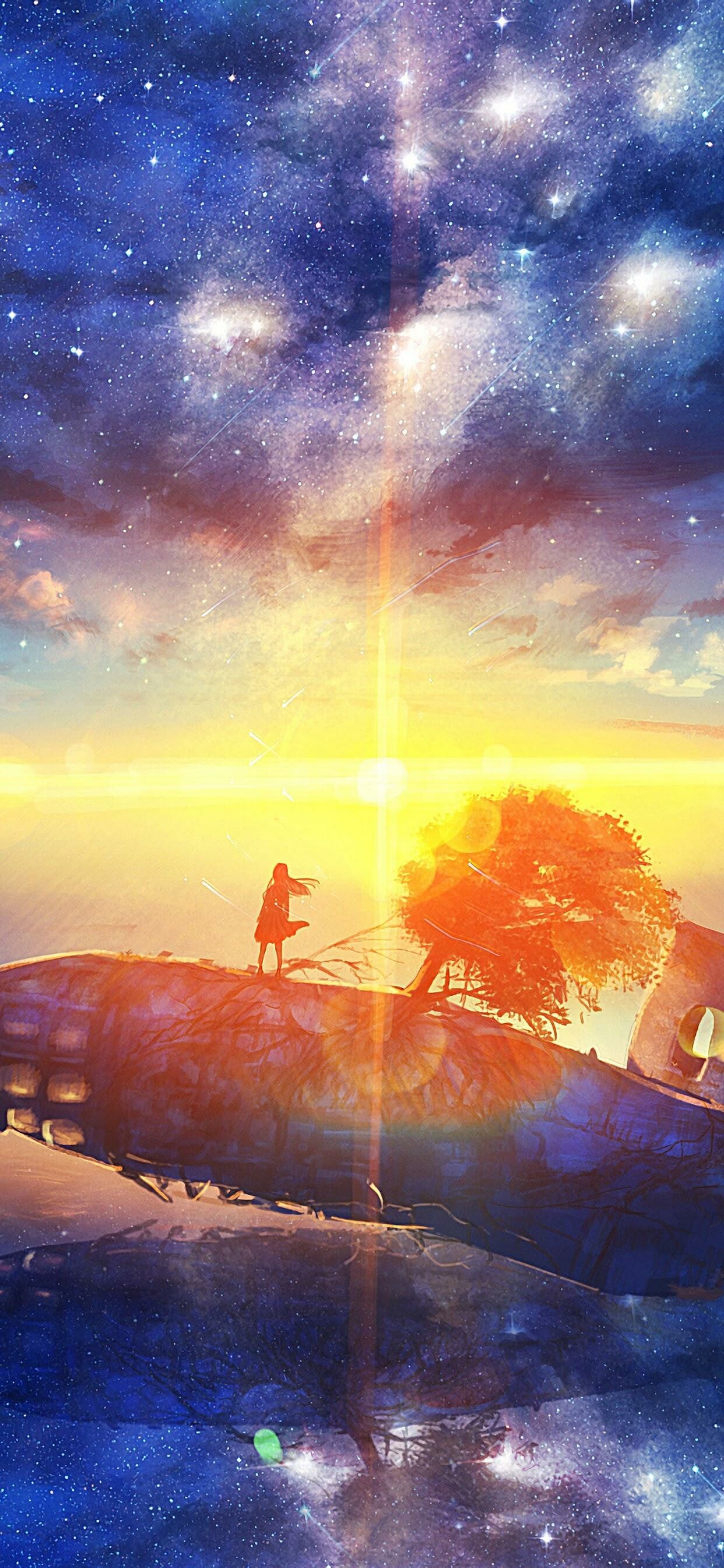 Anime sunrise, Dreamy skies, Fantastic hues, Captivating scenery, 1250x2690 HD Phone