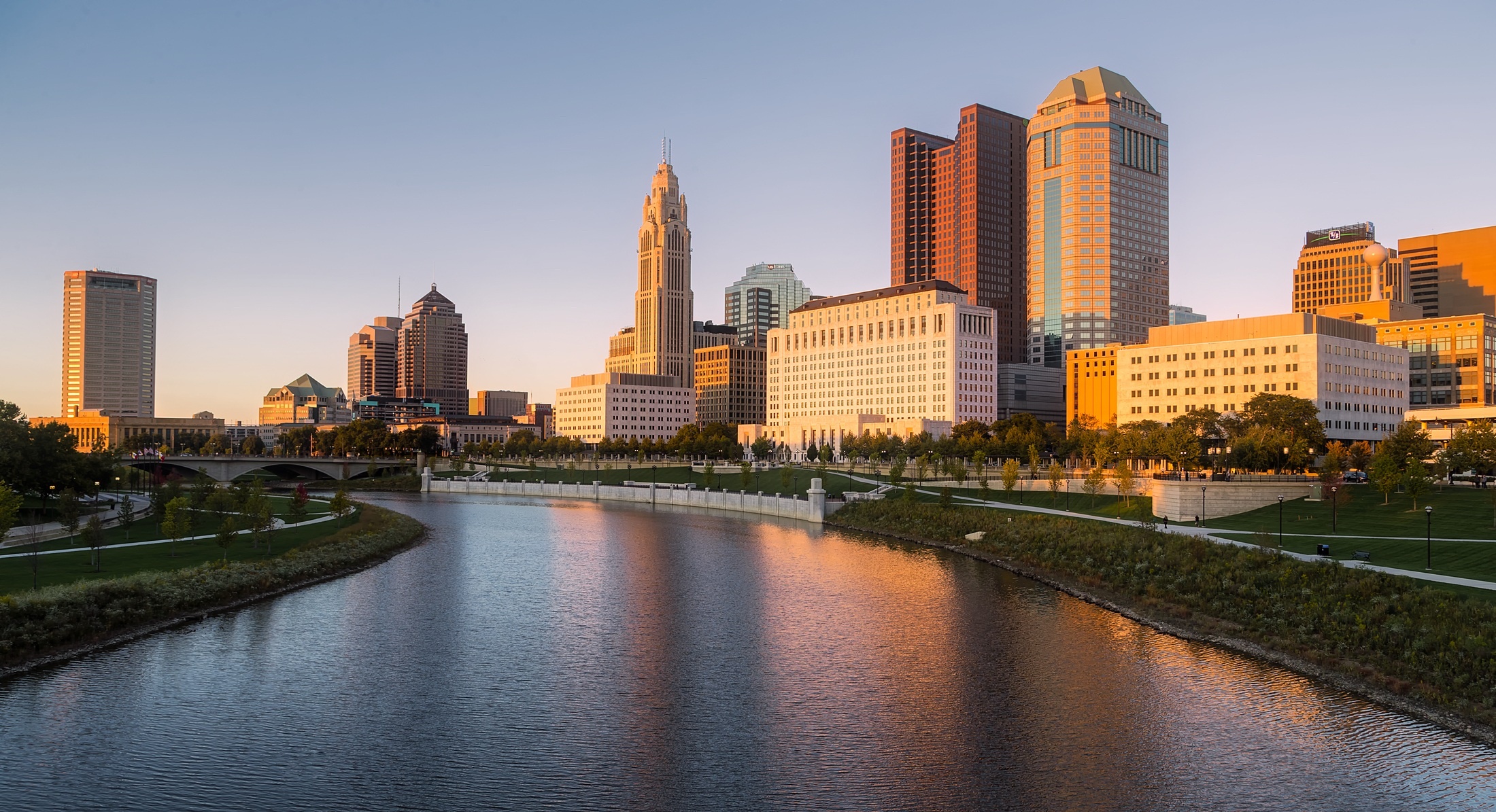 Columbus skyline, Water horizon, Dusk evening reflection, Tower block HDR, 2200x1200 HD Desktop