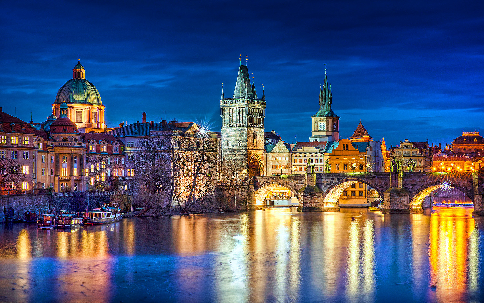 Charles bridge, Vltava river, Czech cities, Nightscapes, 1920x1200 HD Desktop